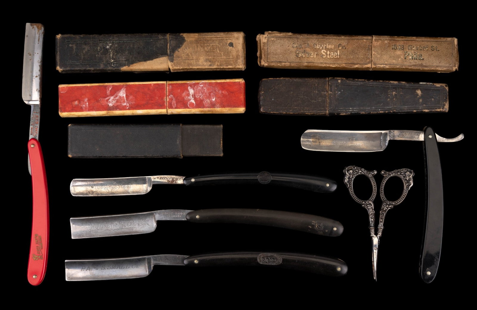 Red Imp, Kutter, Other Straight Razors + Sterling: Red Imp straight razor, E.C. Simmons Keen Kutter straight razor w/ original box, Monte Rosa Solingen Germany straight razor, T. Hessen Bruch & Co. P.A. and S. Small Co. straight razor, 4 other vintage