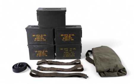 Vintage Ammo Boxes, Army Duffle Bag, & Belts