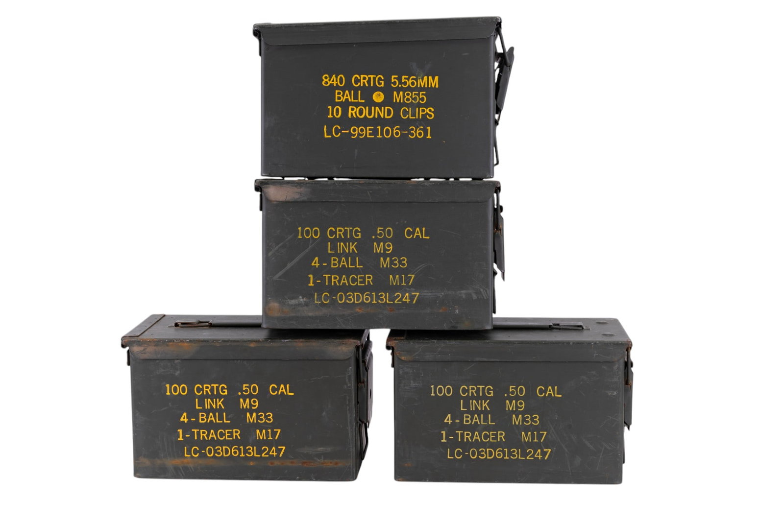 Vintage Ammo Boxes, Gun Maintenance, & Manuals: 4 vintage 100 cartridge .50 caliber ammo boxes(12"x7"x6") with wear filled with assorted gun maintenance tools, parts, and various gun manuals and guides.