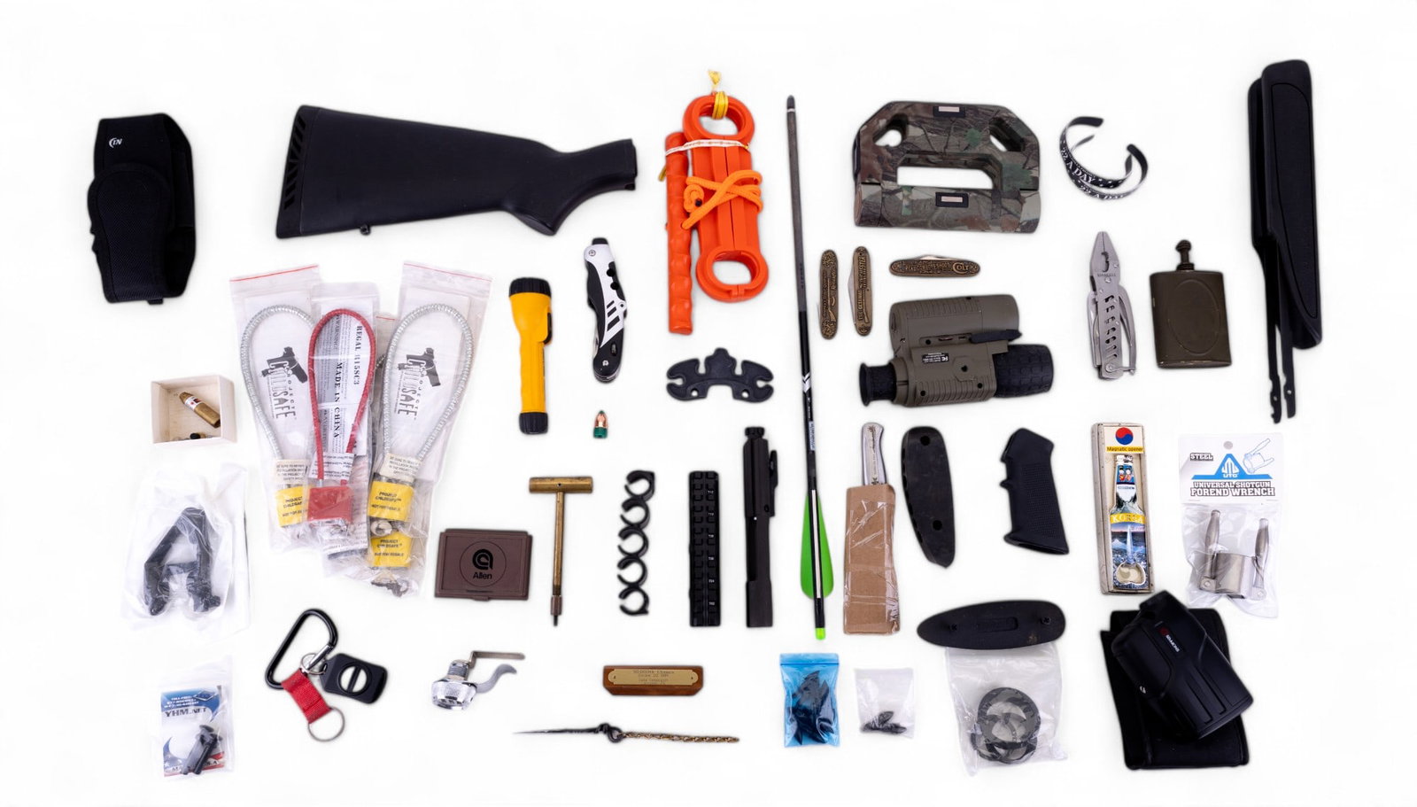 Colt Branded Knives, Variety of Hunting Gear: Colt, Remington, and Winchester branded folding pocket knives, one with case, Stone River Northern Pike Knife, multitools, rifle stock, UTC gun rail, gun and hunting accessories.