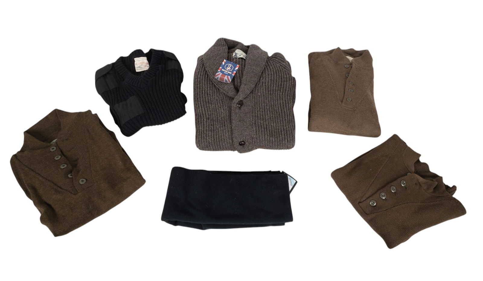 Military and New Wool Sweaters: New with tags Nordic Fleece scarf, new with tags Peter Christian 100% British wool sweater with leather buttons size XXL, and four Military wool sweaters sizes 38, S, M, and XL.