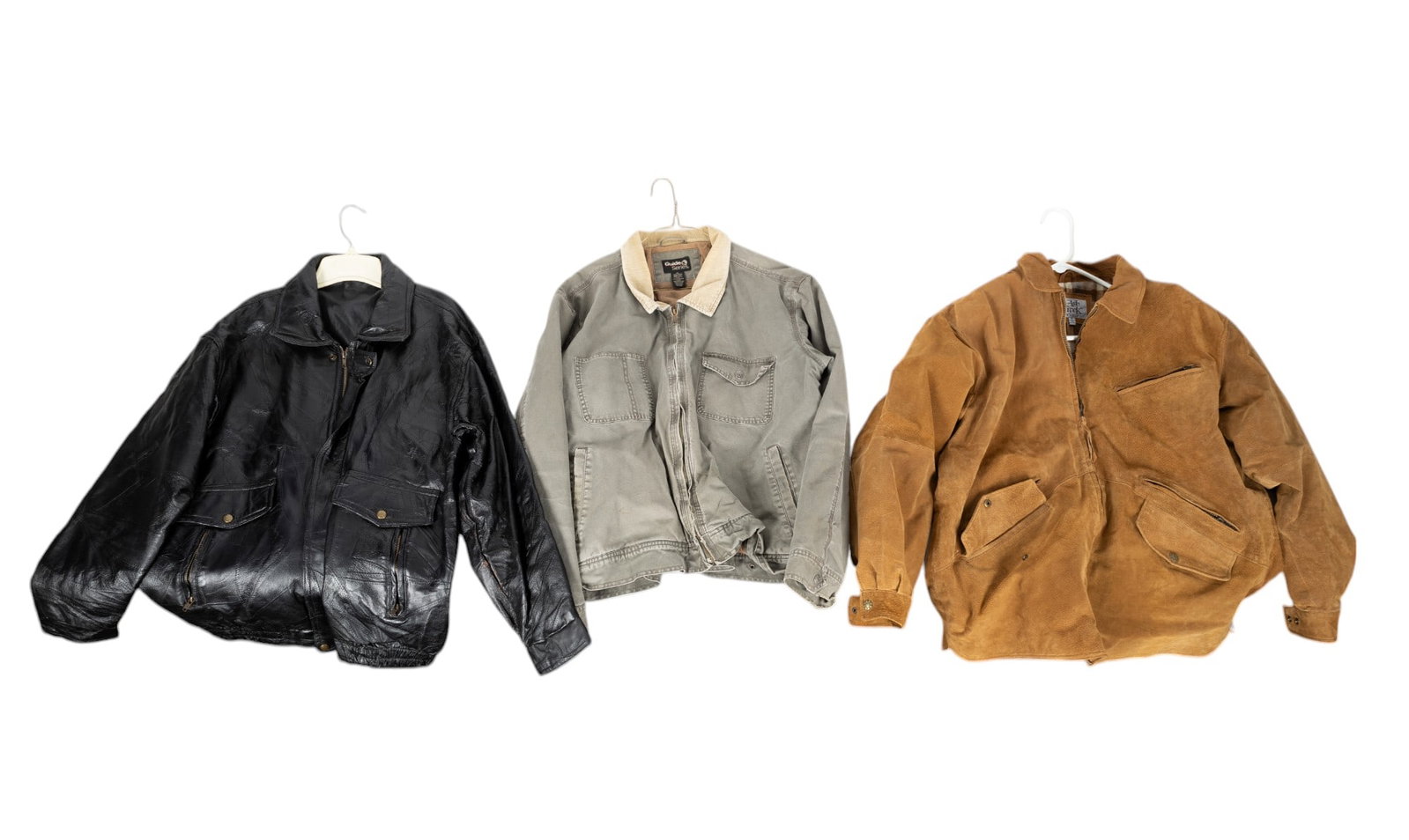 Suede and Leather Jackets: Ask Creek tan suede jacket, patchwork black leather jacket with US Army embroidery on the back, and a canvas olive green jacket with corduroy collar, all size XL.