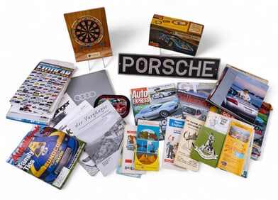 Porsche Metal Sign and Automotive Magazines