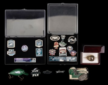 Vintage PHI Eagles Enamel Pins & Belt Buckle