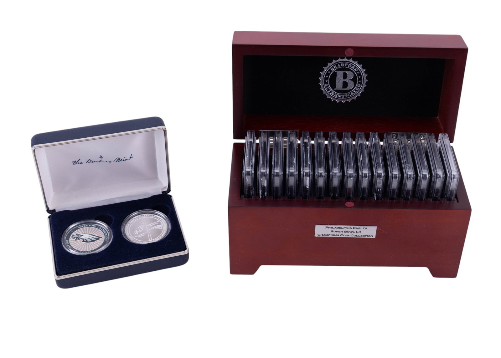 Philadelphia Eagles Silver and Collectible Coins: Two piece set of .999 pure silver Philadelphia Eagles commemorative Super Bowl 52 flip coin replica and Super Bowl champion coins by the Danbury Mint, with COA, and a set of 15 Eagles Super Bowl 52 co