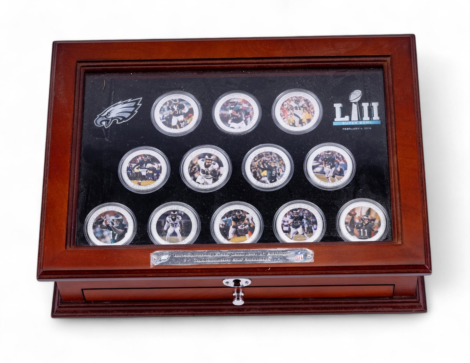 Philadelphia Eagles Super Bowl 52 Silver Coins: Philadelphia Eagles Super Bowl 52 Championship commemorative coin set of 12, 1oz fine silver dollar coins, locking display case has no key, with small drawer that has corresponding player cards. Limit