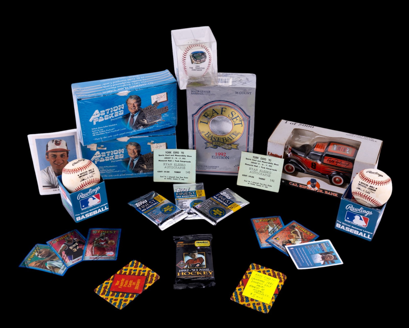 Vintage Major League Sports Cards: Score Pinnacle 1992-93 NHL pack, three packs of Topps Finest NBA 1995-96 series 2, two boxes of Action Packed: The All Madden Team 8th edition, two packs of1981 Donruss golf cards, Leaf Set baseball c
