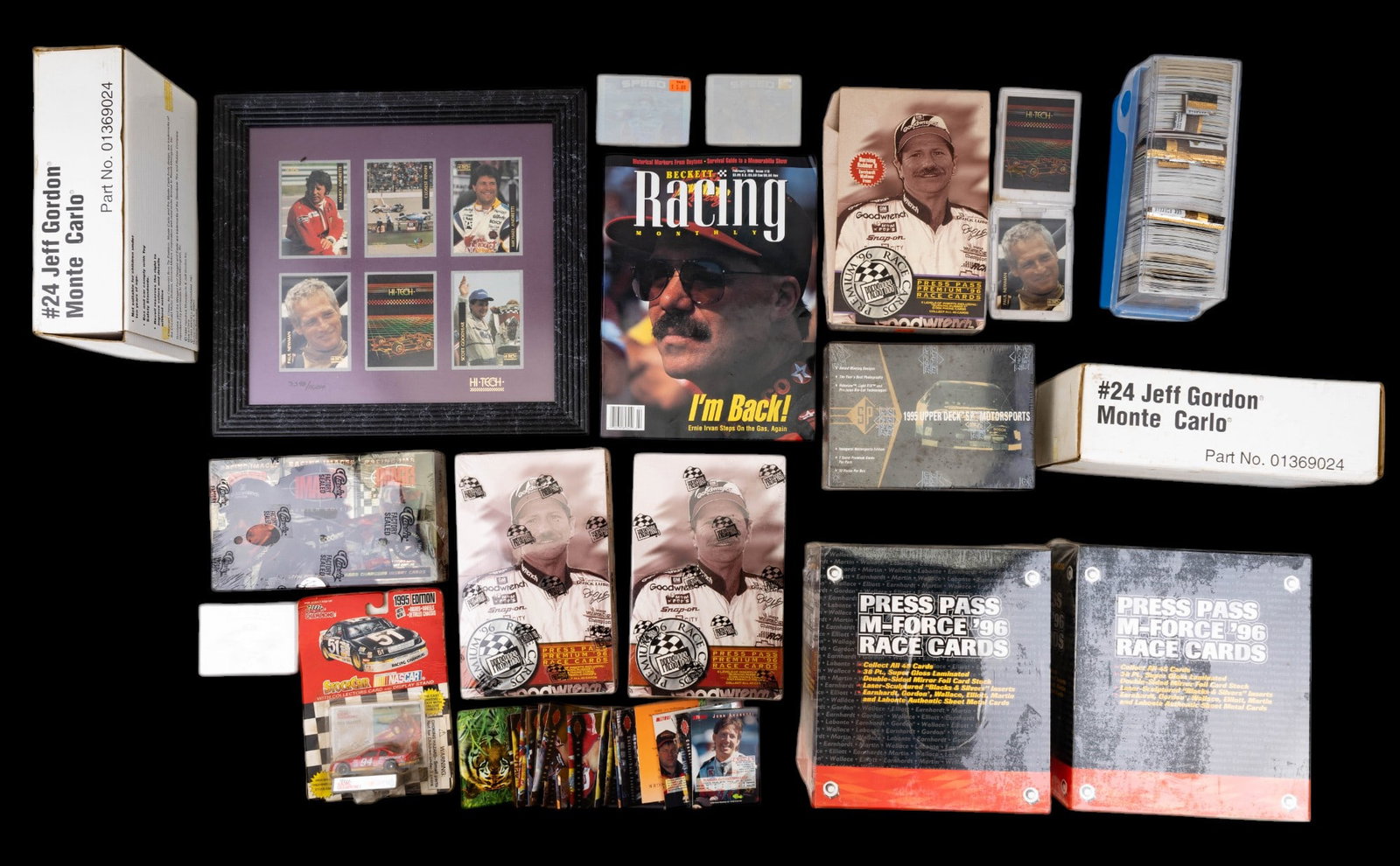 Vintage NASCAR Racing Cards, Jeff Gordon, & More: 2 unopened Press Pass M-Force '96 Race Cards, each 24 packs; 2 unopened Press Pass Premium '96 Race Cards boxes of 36 packs each; opened Press Pass Premium '96 Race Cards box w/ 17 unopened card packs