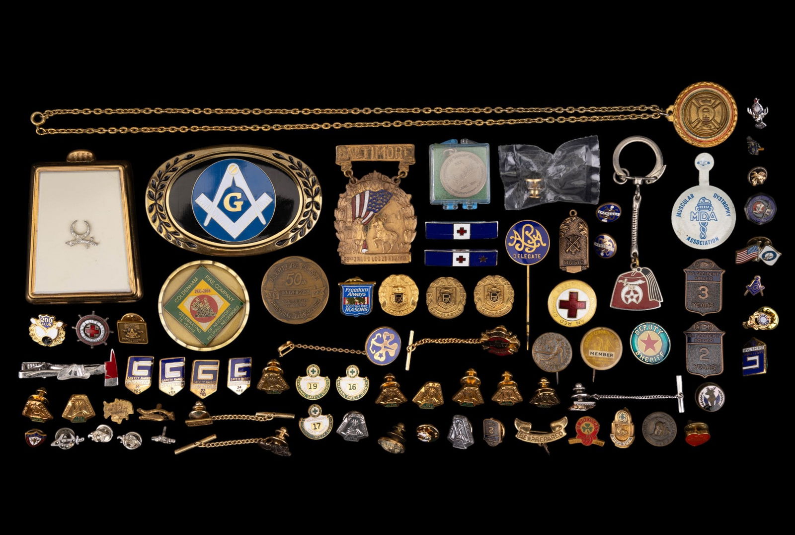 Masonic, Scouts, & Other Membership Pins & More: Shriners International Ancient Arabic Order of the Nobles of the Mystic Shrine fez keychain, pins, & powder compact; Masonic square & compasses brass belt buckle & pins; Benevolent and Protective Orde