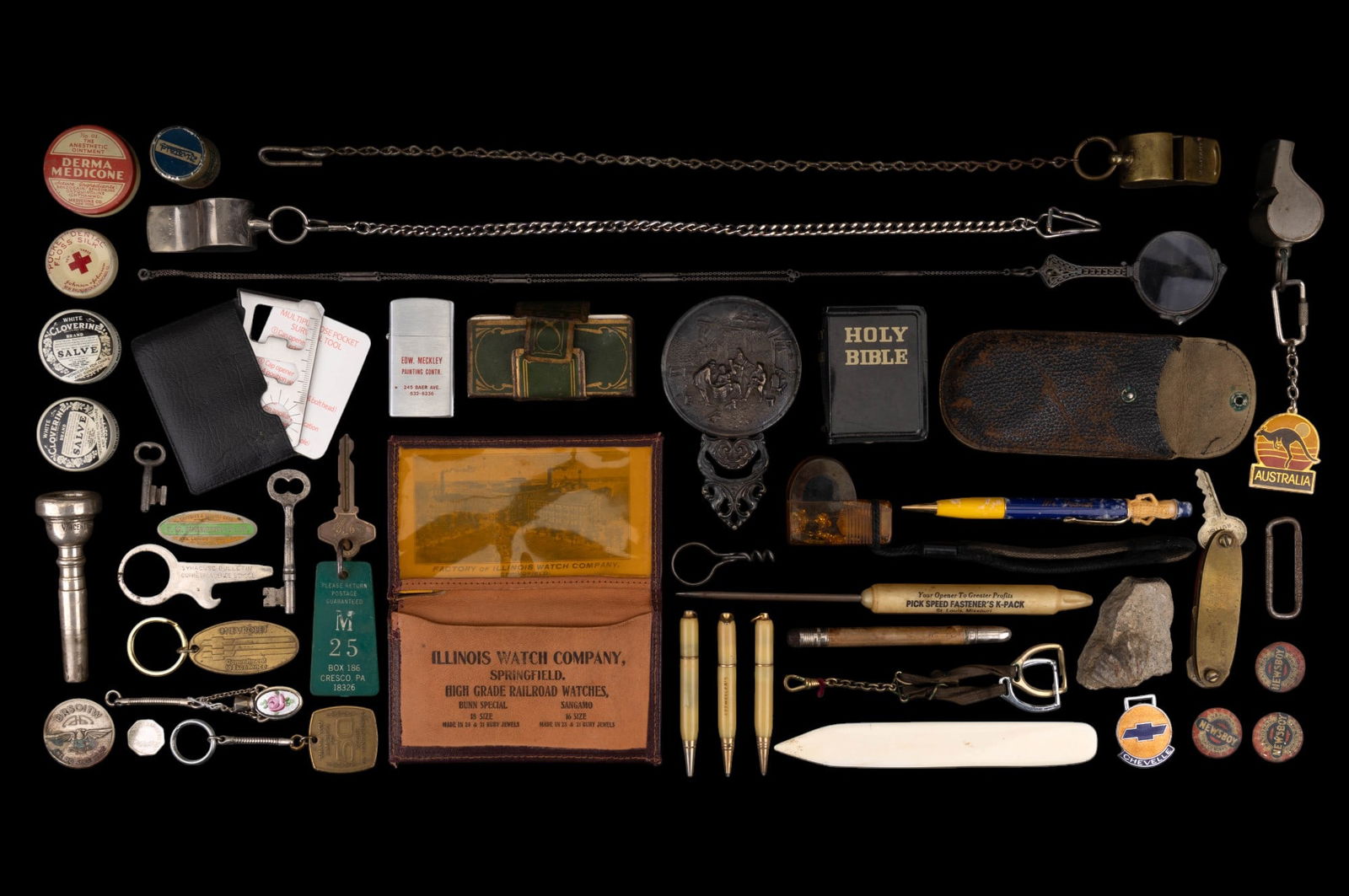 Bach 7C Mouthpiece, Vintage Advertising, & Gadgets: Vincent Bach Corp Mt Vernon NY 7C trumpet mouthpiece, Chevrolet Keychains, metal whistles, advertising pens, Speed Fastener Corporation advertisement screwdriver, keys, Barlow Edw. Meckley Painting Co