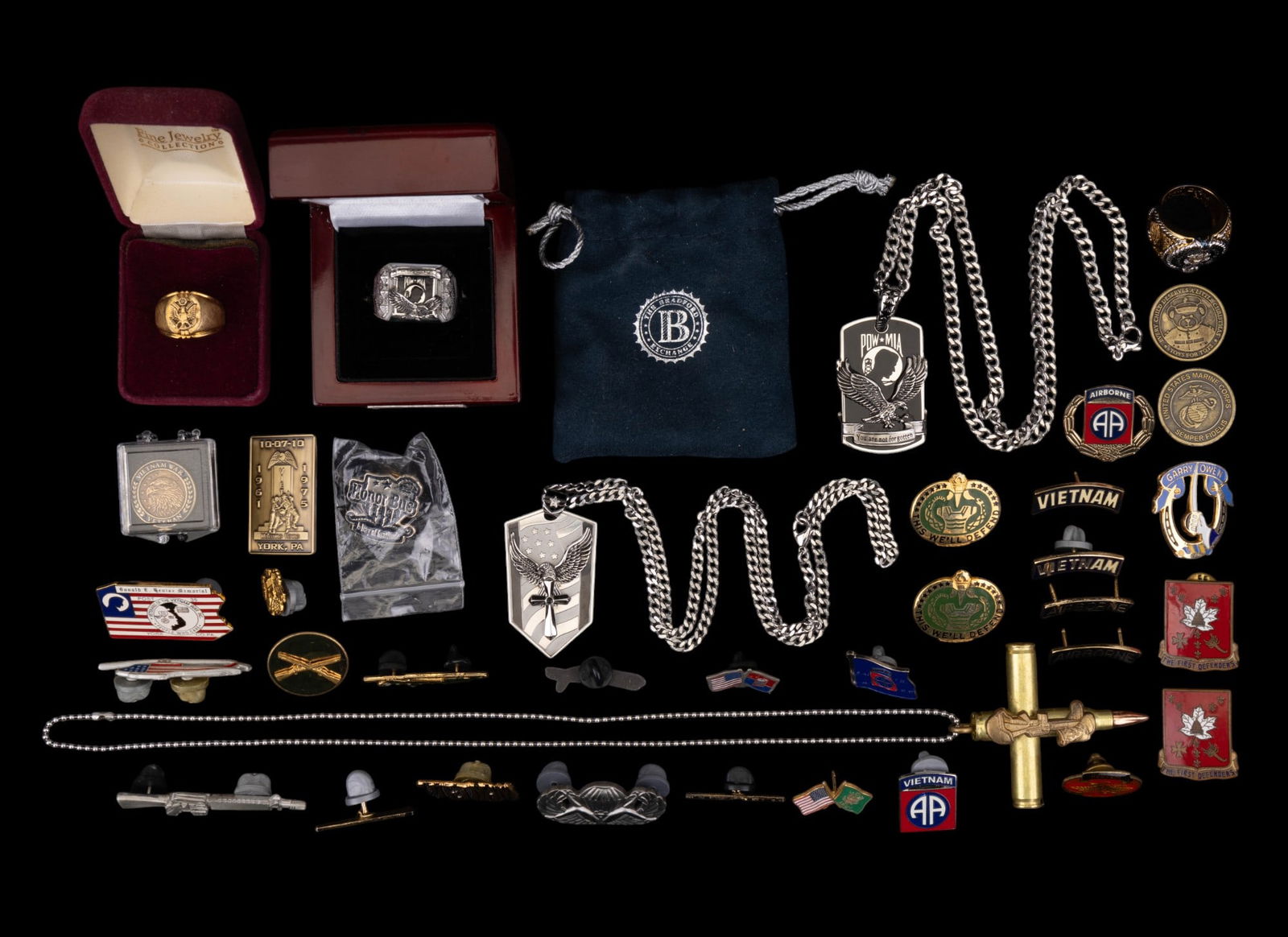 POW/MIA, BGE .925 & Other Military Rings, & Pins: Bradford Gold Exchange BGE .925 sterling embossed & engraved United States Army ring size 7.75, Clark & Coombs 10K GF U.S. Army ring size 7.5, BGE embossed & engraved POW/MIA ring size 11 in original