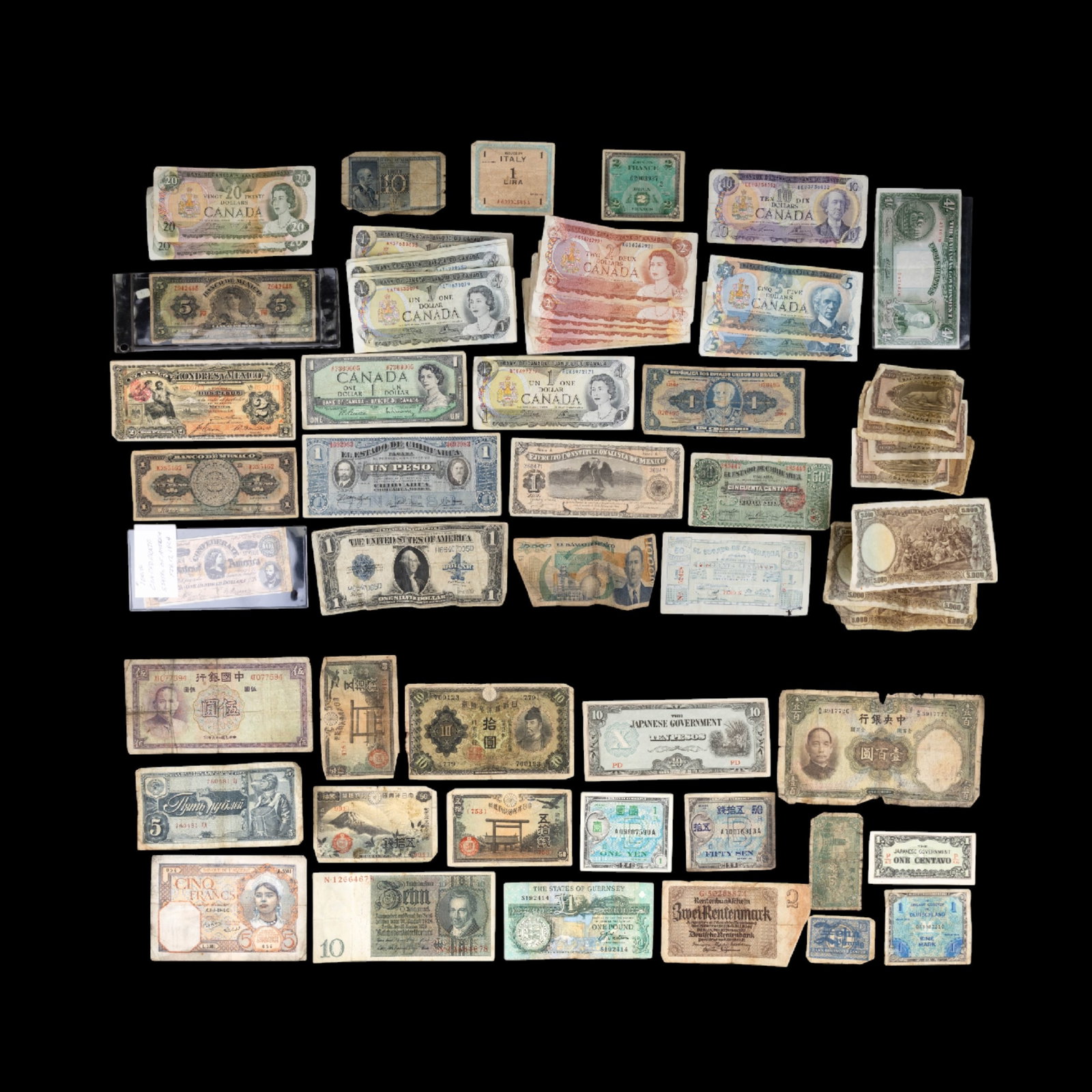 1864 $100 CSA & International Bank Notes (60+): 60+ total bank notes from various countries & eras. Most are vintage. One bank note is an antique February 17th, 1864 Confederate States of America Richmond obsolete bank note. There is a United State