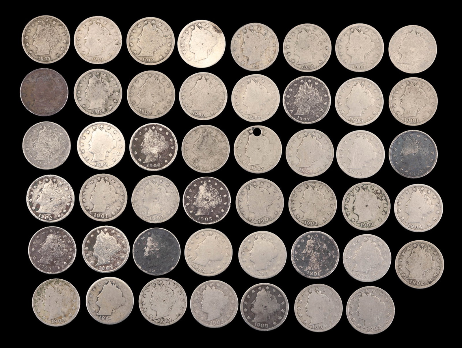 1891-1912 Liberty Head Nickels (51 Total): 1891, 1893, 1897, 1898, 1899 (x2), 1900 (x2), 1901 (x3), 1902 (x7), 1903 (x4), 1904 (x2), 1905 (x5), 1906 (x2), 1907 (x5), 1908 (x4), 1910 (x2), 1911, 1912 (x2), & 2 that do not have legible years. Th