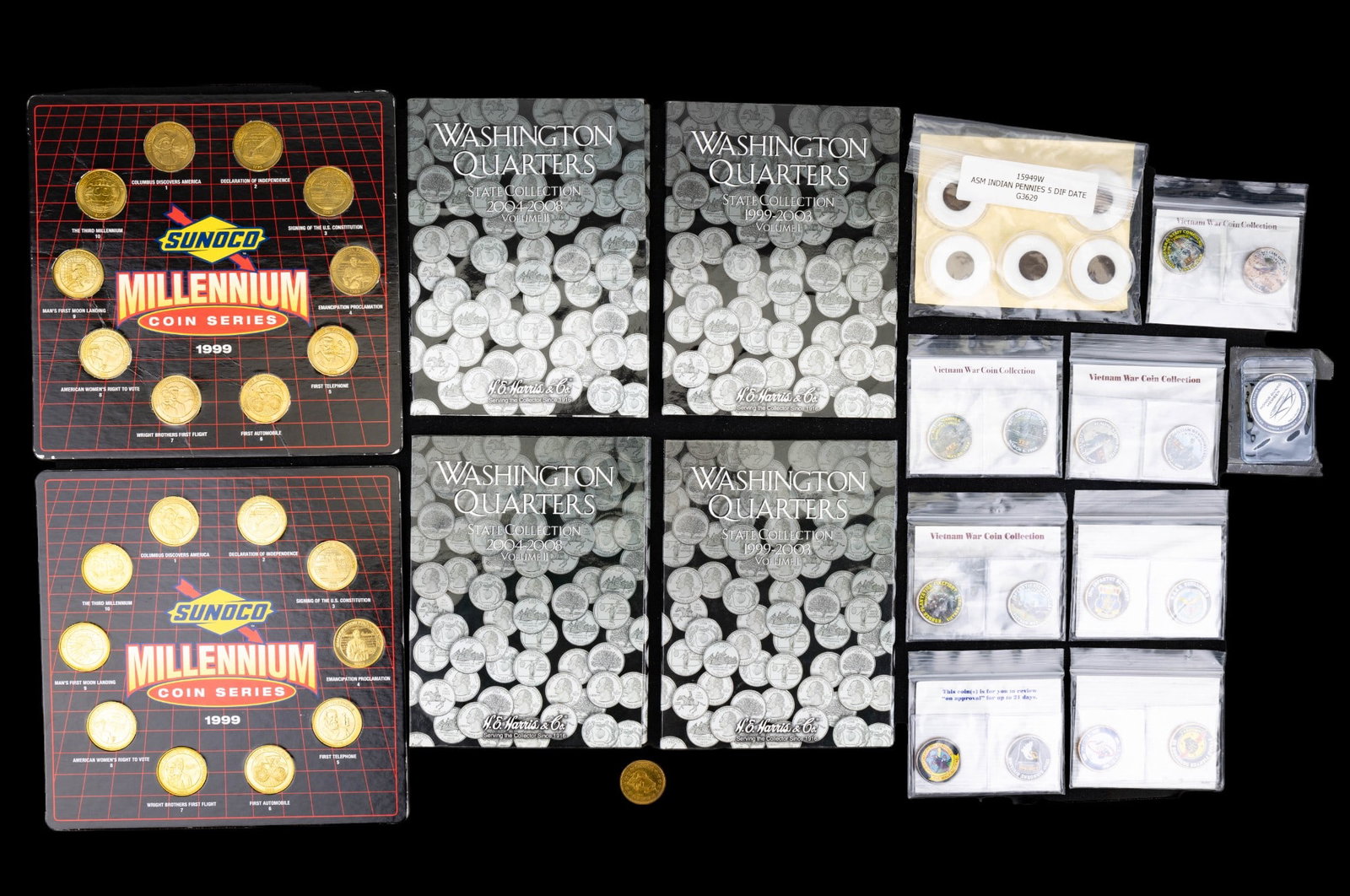 Quarters Collections, Vietnam, Indian Head, Coins: 2 booklets each for Washington Quarters State Collection Volume I (1999-2003) & Volume II (2004-2008), 5 Indian Head pennies (1894, 1900, 1904, 1905, & 1908), 8 Vietnam War Collection coins, 6 U.S. Mi