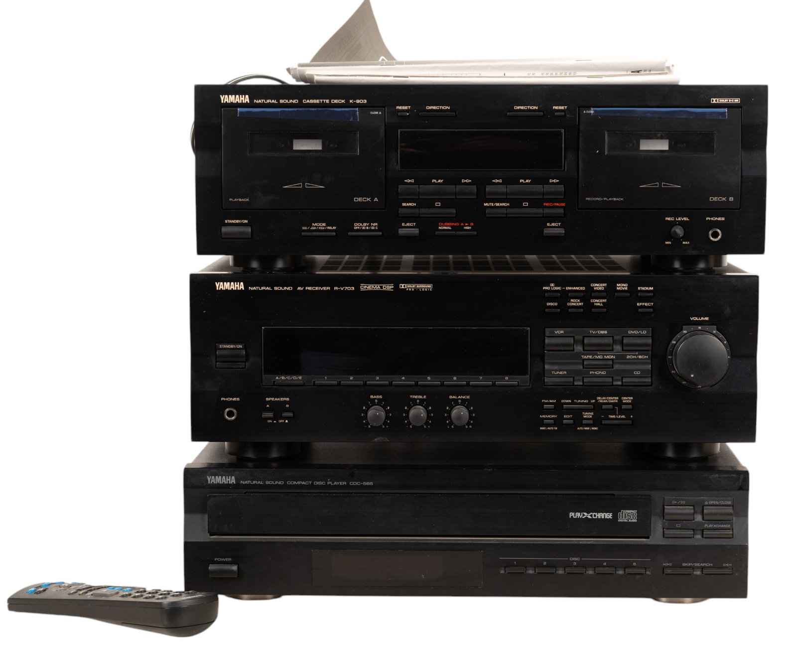 Yamaha Sound System: Yamaha Natural Sound AV Receiver R-V703 serial #Y291588SU, Yamaha Natural Sound Cassette Deck K-903 serial #Y098468UW, and Yamaha Natural Sound 5 disc CD player CDC-565, serial #Y016897Y0. All unteste
