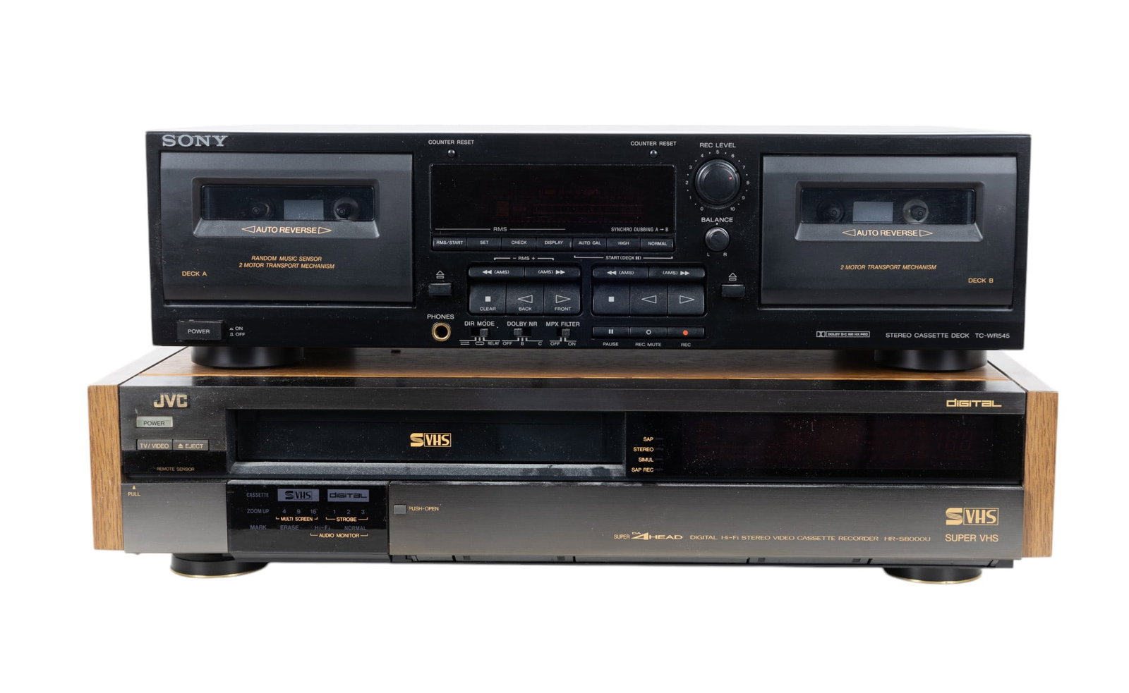 JVC VCR and Sony Cassette Deck: Sony Model TC-WR545 cassette deck serial #8843670 and JVC VCR model HR-S8000U serial #134X1538, untested.