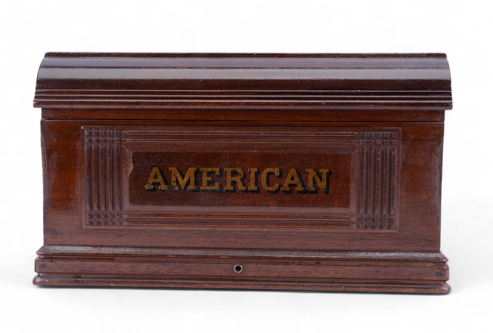 Antique Converted Sewing Machine Cover: Antique coffin top sewing machine cover converted into a chest with 3 hand crafted trays with compartments. Chest has stencil lettering "American" on front and piece has some wear and loss consistent 