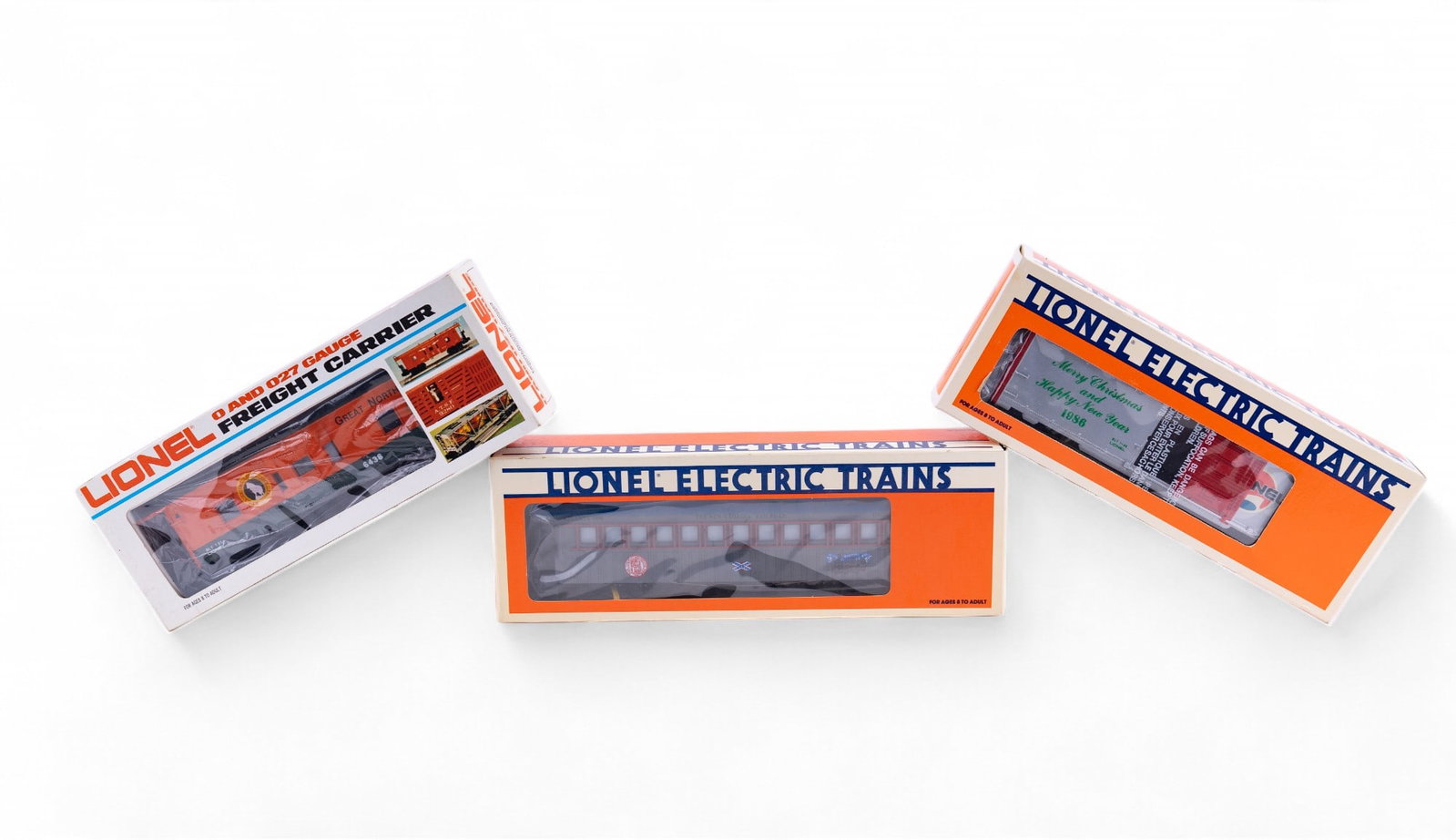 Lionel 3 Car Bundle NIB: #6-9491 Christmas Car 1986, #6-6438 Famous American Railroad Great Northern Illuminated Bay Window Caboose, #6-17883 1990 TCA Convention Car.
