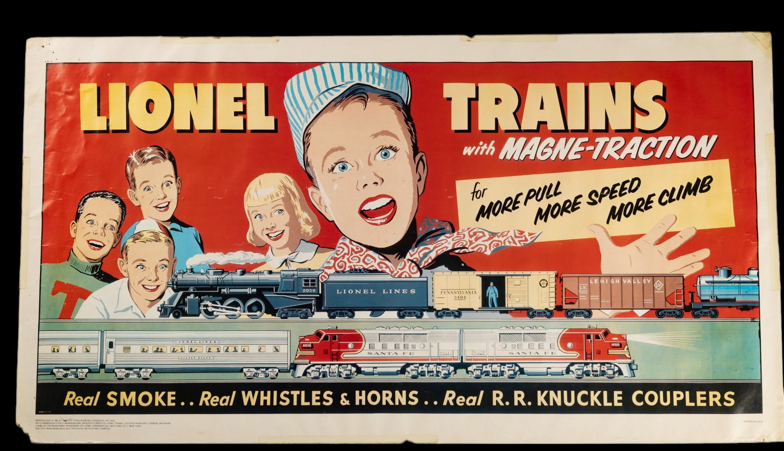 Vintage Lionel Panoramic Advertising Poster: Vintage 1982 Lionel Trains poster of original 1950s advertisement measuring approx. 37.5" W x 20.5" H with some wear, corner loss, and attached tape from previous hanging.