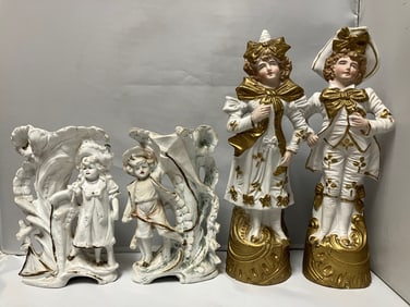 Bisque / Porcelain Figurines (4) Gold Highlights