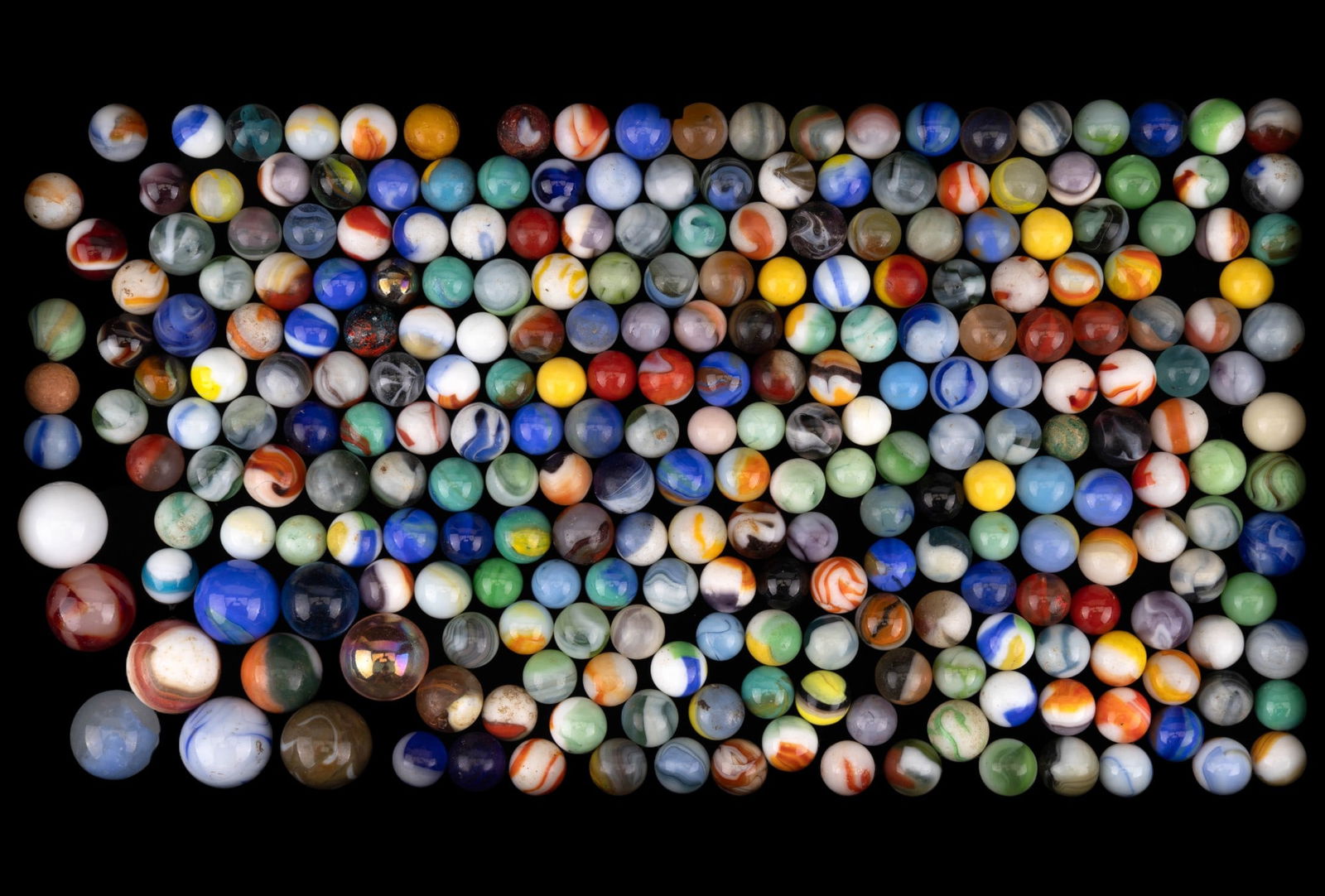 Glass, Clay, and Agate Marble Collection (200+): Over 200 vintage clay and glass marbles including many glass with some clay and agate including 10 assorted shooters. Various ages and conditions.