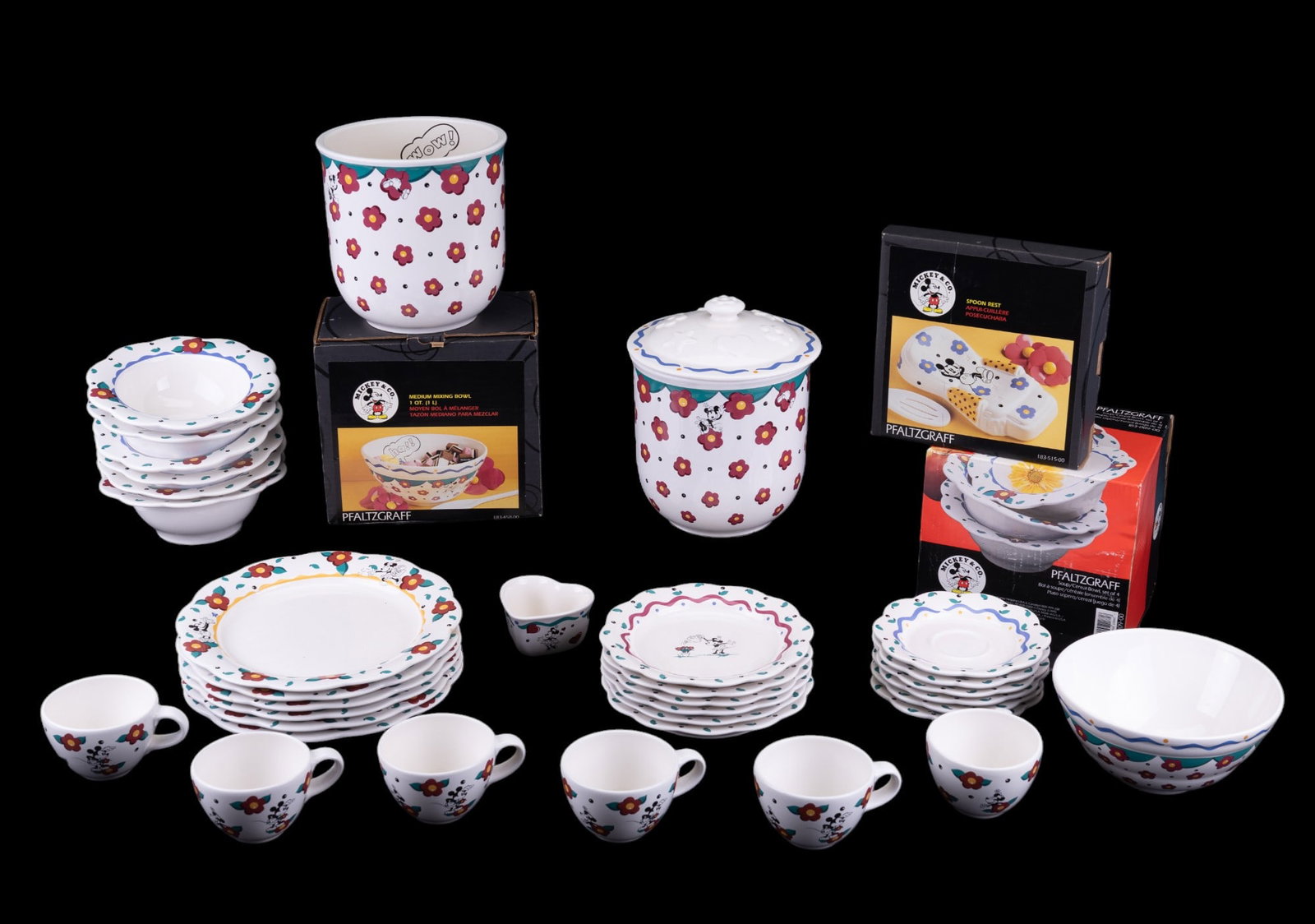 Pfaltzgraff Mickey & Co. Dishes (39 pcs): Some pieces in original boxes include cookie jar, medium mixing bowl, 4 soup bowls, spoon rest. Pieces without boxes include: 6 dinner plates, 6 small plates, 6 coffee cups & saucers, 6 soup bowls, su
