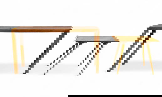 Paul McCobb MCM End Table & Lane Sofa Table: The smaller is the Winchendon Mid Century Modern end table marked style #1540 in natural finish (designer) Paul McCobb for the Planner Group c 1960s wood side / coffee table, the larger is the Lane Al