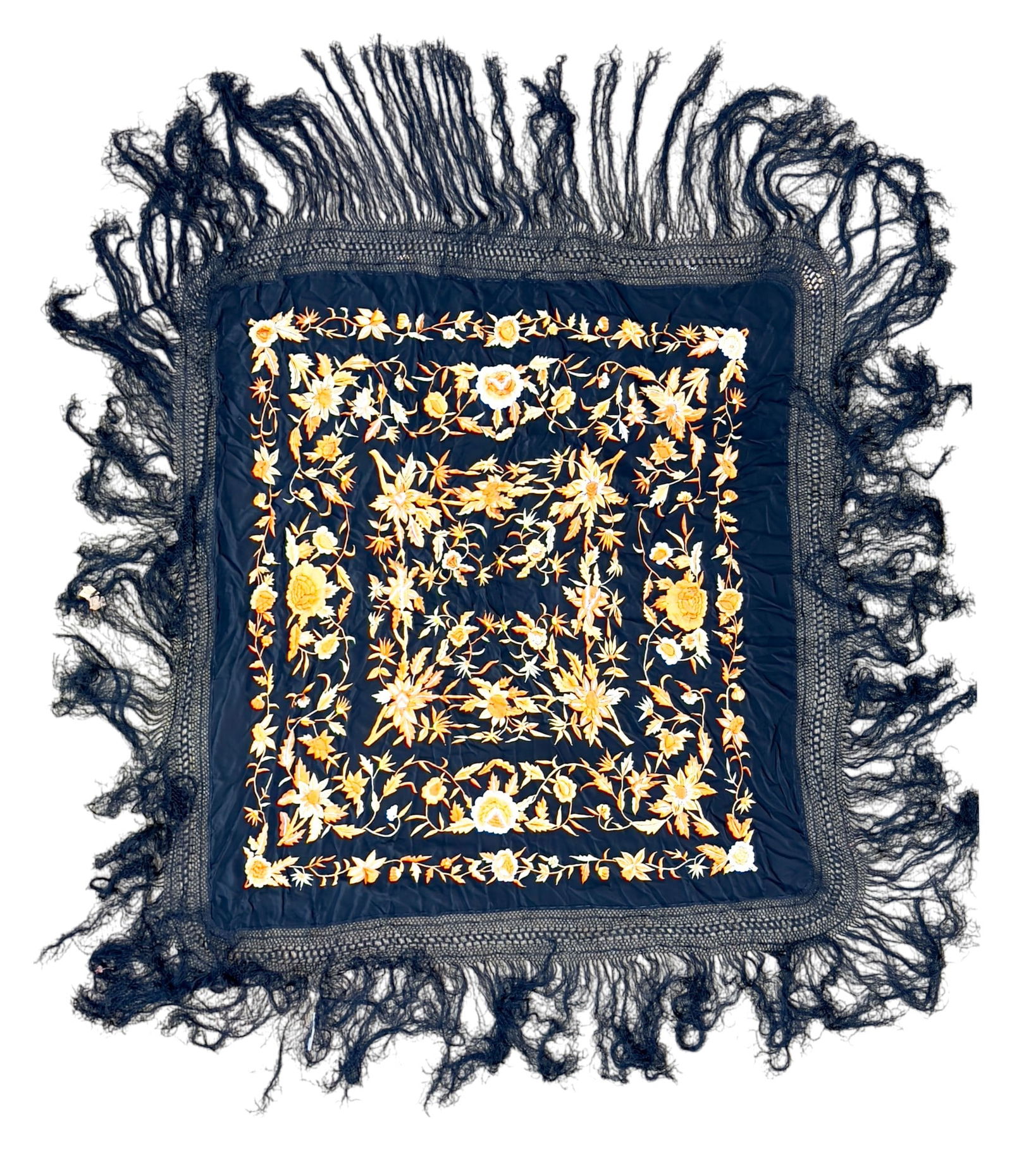 French Black Piano Shawl: 45" x 40" black piano shawl with orange embroidery and fringe extends out another 14" from measured black square. Shawl in good condition. Textile.