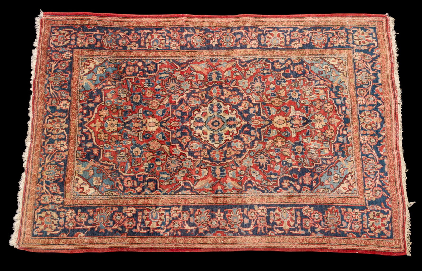 Antique Persian Rug: Antique Persian rug approx. 3' x 6' w/ red, pink, blue, livid bluish-gray, tan, brown, & ivory patterns w/ floral motifs. Some fringe loss. *All rugs / carpets are used & come from fine estates. Keyst