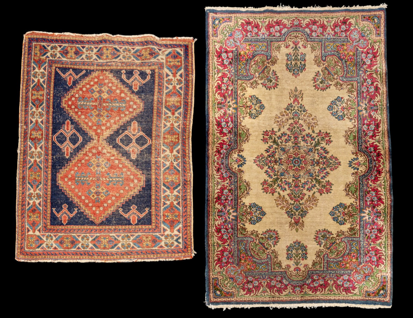 2 Antique Persian Rugs: 2 antique Persian rugs, the larger measuring approx. 3' x 5'. Rugs feature blue, livid, magenta, green, pink, tan, brown, peach patterns w/ geometric & floral motifs. *All rugs / carpets are used & co
