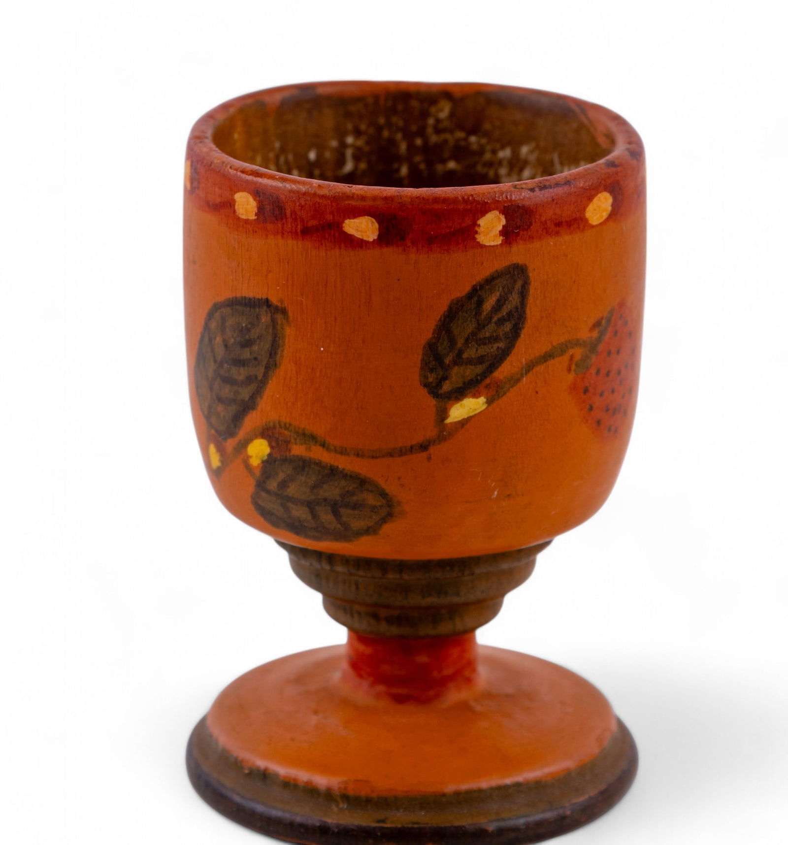 Early Small Saffron Vessel / Cup: Hand painted / decorated early American saffron vessel, no lid, attributed to Lancaster County, PA, small at approx 3".