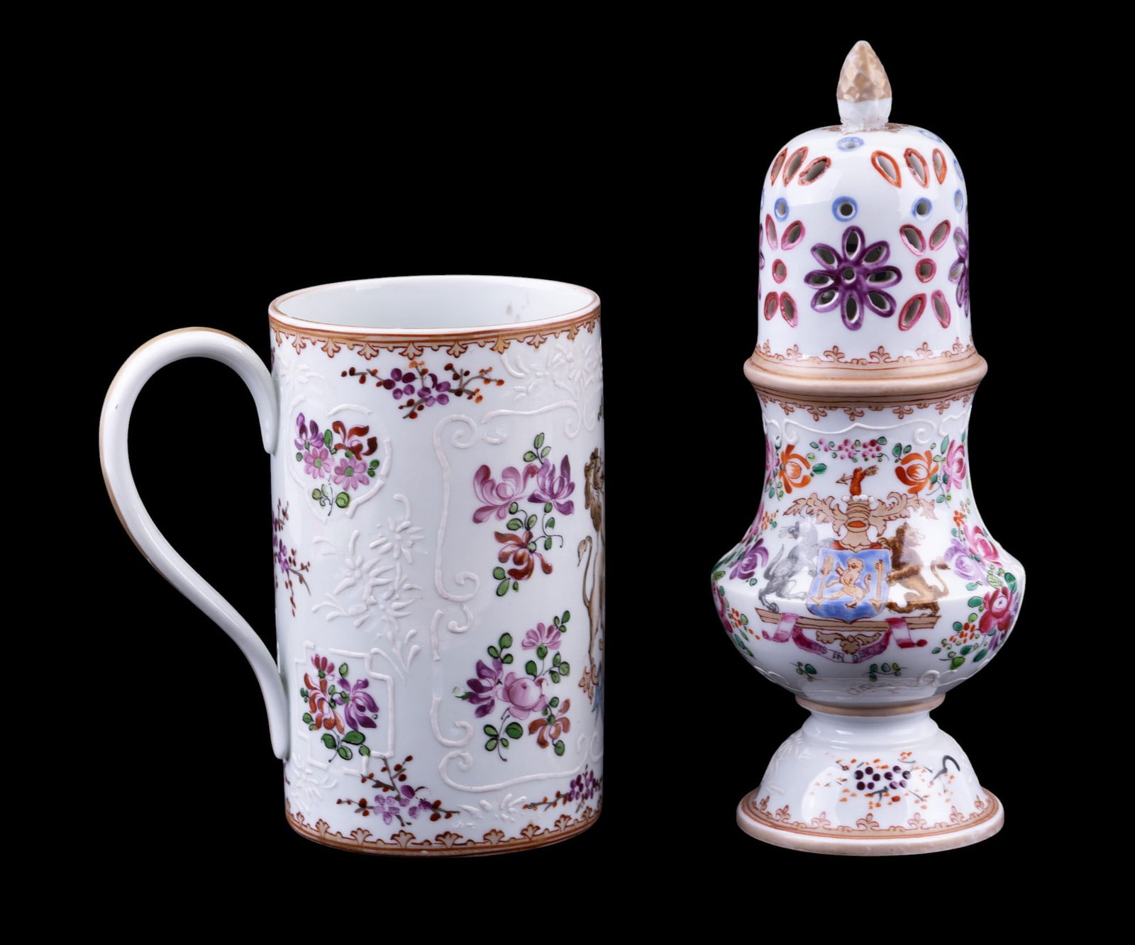 Edme Samson of Paris Porcelain Tankard & Caster: Samson of Paris, France porcelain tankard & caster w/ complementary floral motifs. Edme Samson was known for creating high-quality replicas of various porcelain styles, including Chinese export porcel