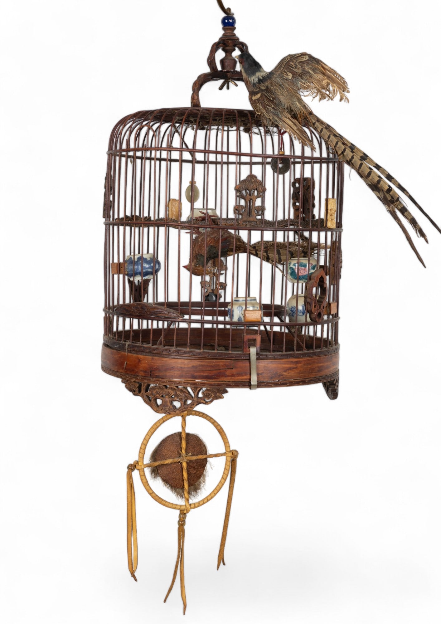 Chinese Bird Cage, Blue & White Porcelain Feeders (1 of 7)