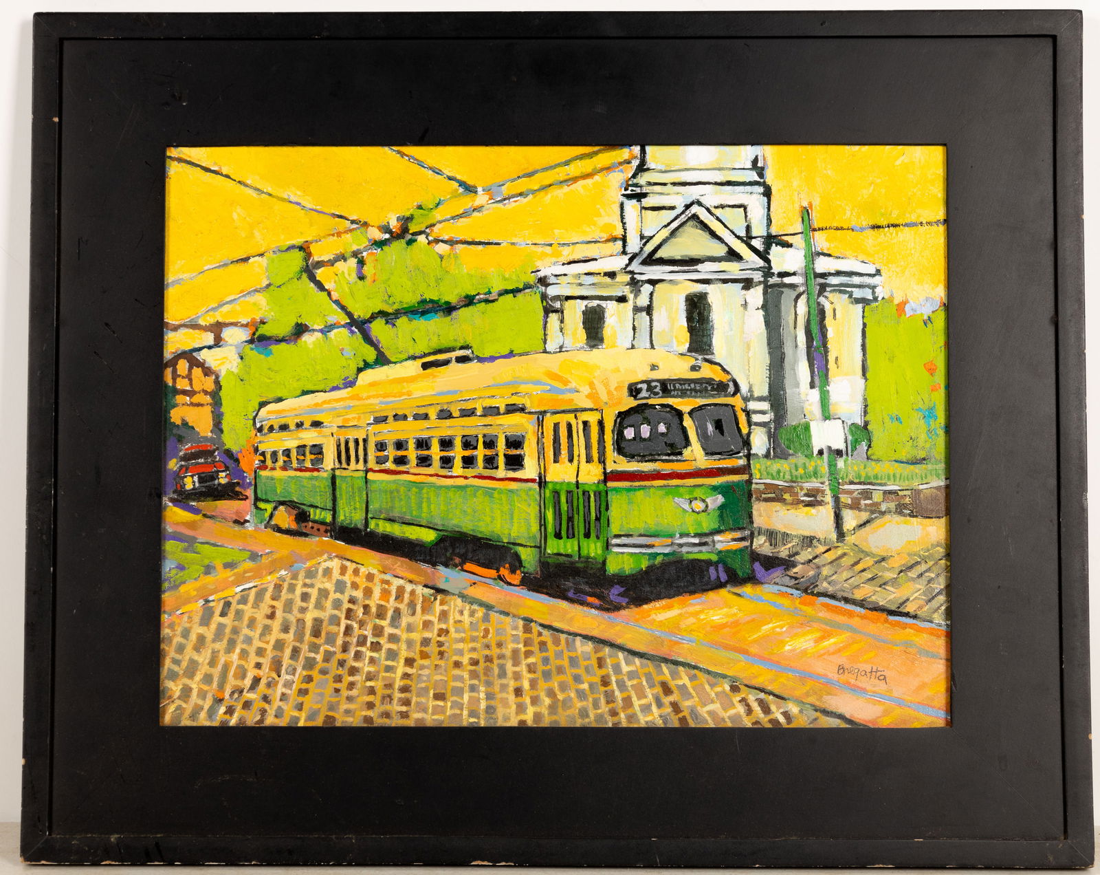 San Francisco Castro Trolley Oil Painting: Oil on 16" W x 12" H board depicting a San Francisco Castro trolley car in an impressionistic style signed "Bregatta" LR in black frame with minor wear measuring approx. 21" W x 17" H.