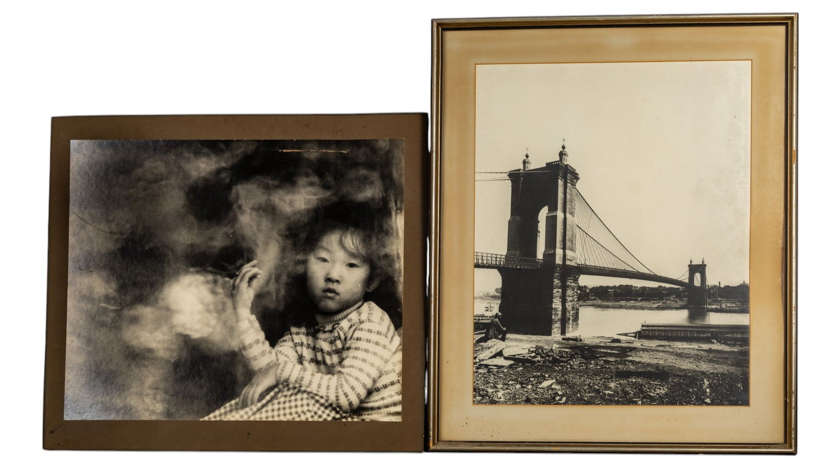 Vintage Black and White Photo Prints (2): Large print on paper of historic photo of the John A. Roebling bridge in Cincinatti, OH with visible image measuring approx. 19" W x 24" H in vintage frame, approx. 25" W x 30.5" H. Large 24" w x 20"