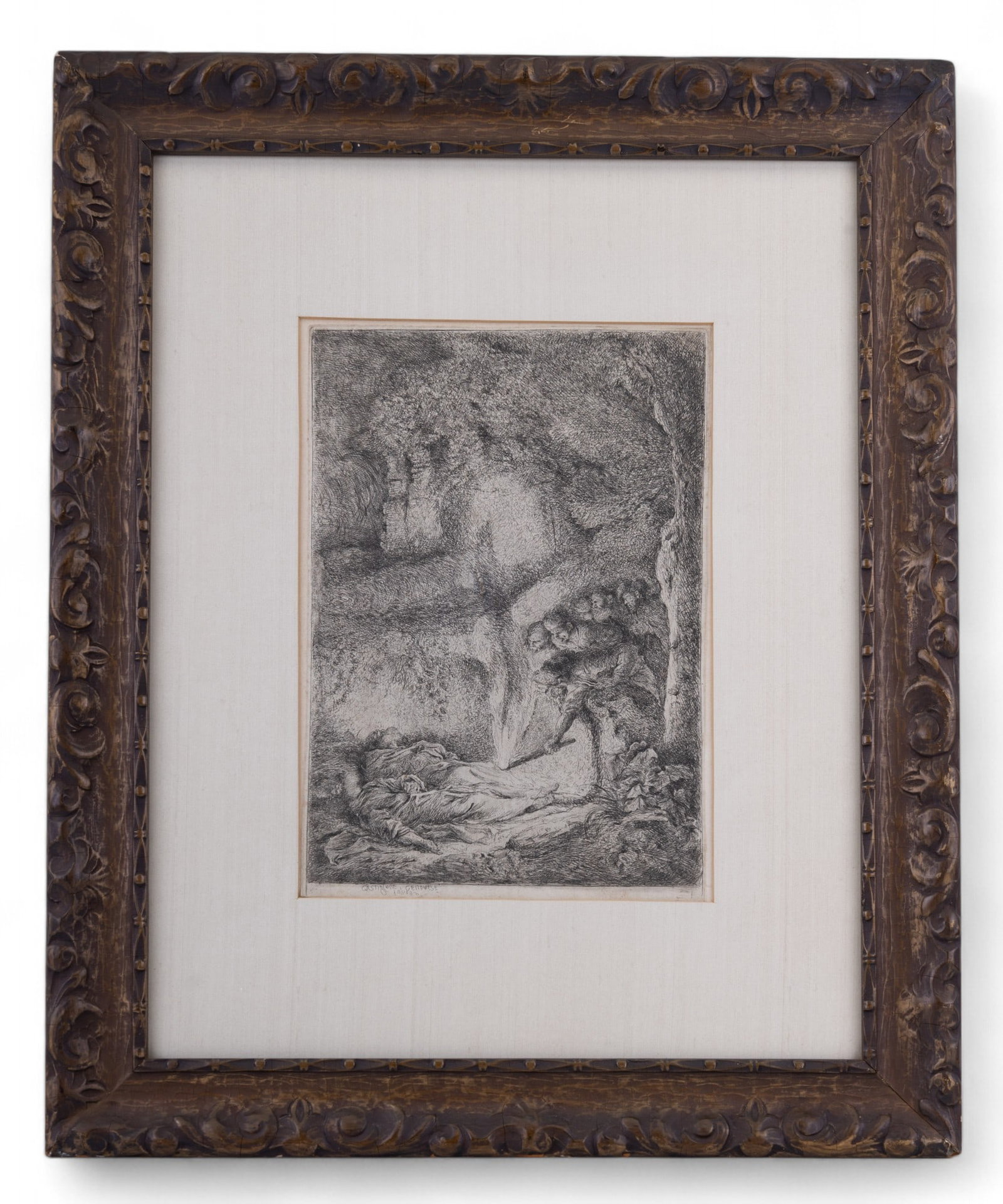 Giovanni Castiglione (IT 1610-1665) 17th C Etching: Giovanni Benedetto Castiglione (IT 1610-1665) etching titled "The Finding of the Bodies of Saints Peter and Paul in the Catacombs" signed in plate LL - actual print measures approx. 8" W x 11.5" H and