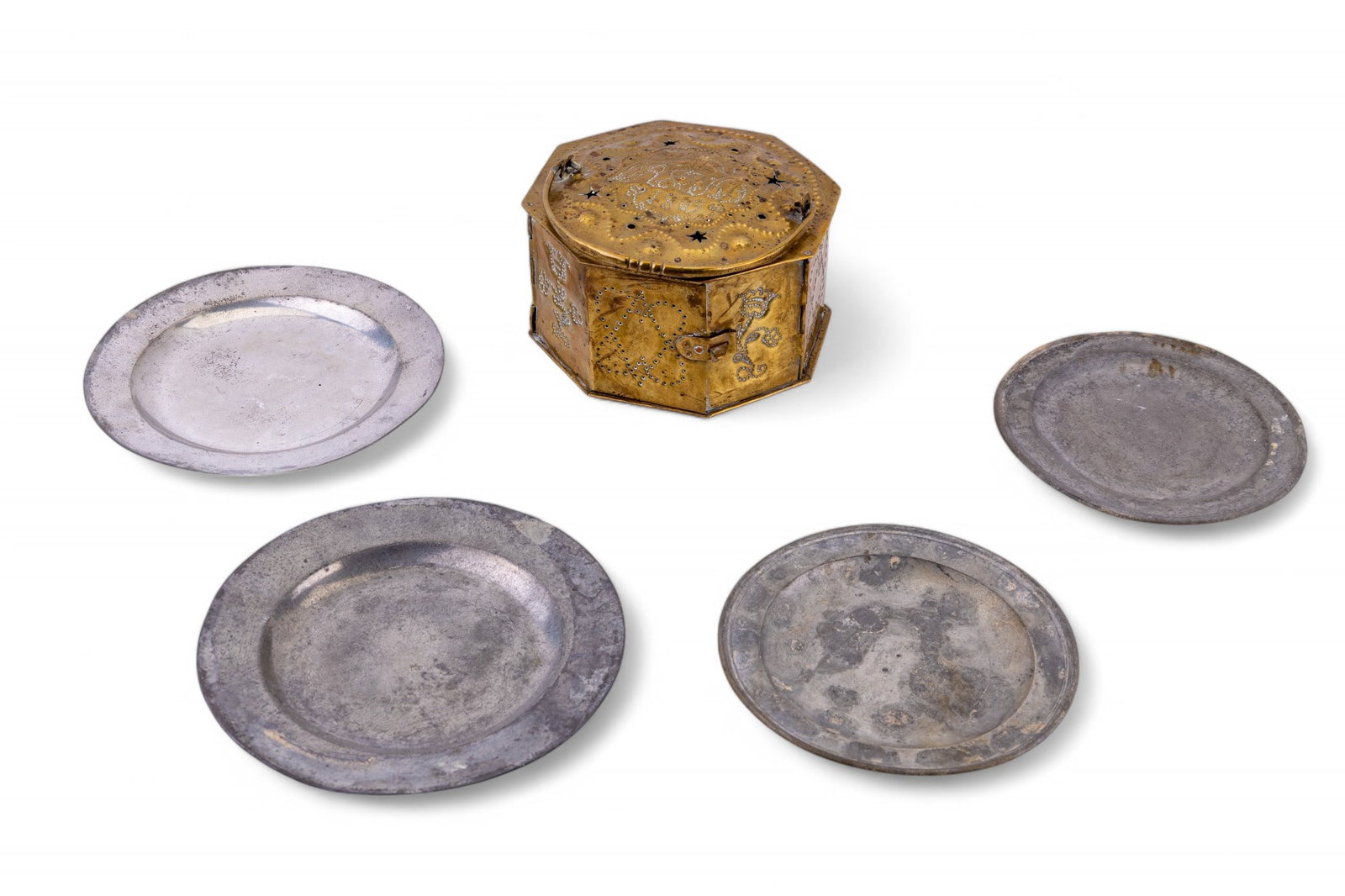 18th C. Brass Foot Warmer and Pewter Plates (1 of 16)