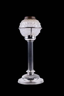 Hukin and Heath Silverplate Oil Lamp: 19th century silverplate oil lamp with fluted column and hobnail cut glass reservoir, no wick, by Hukin and Heath no. 4705, 15".