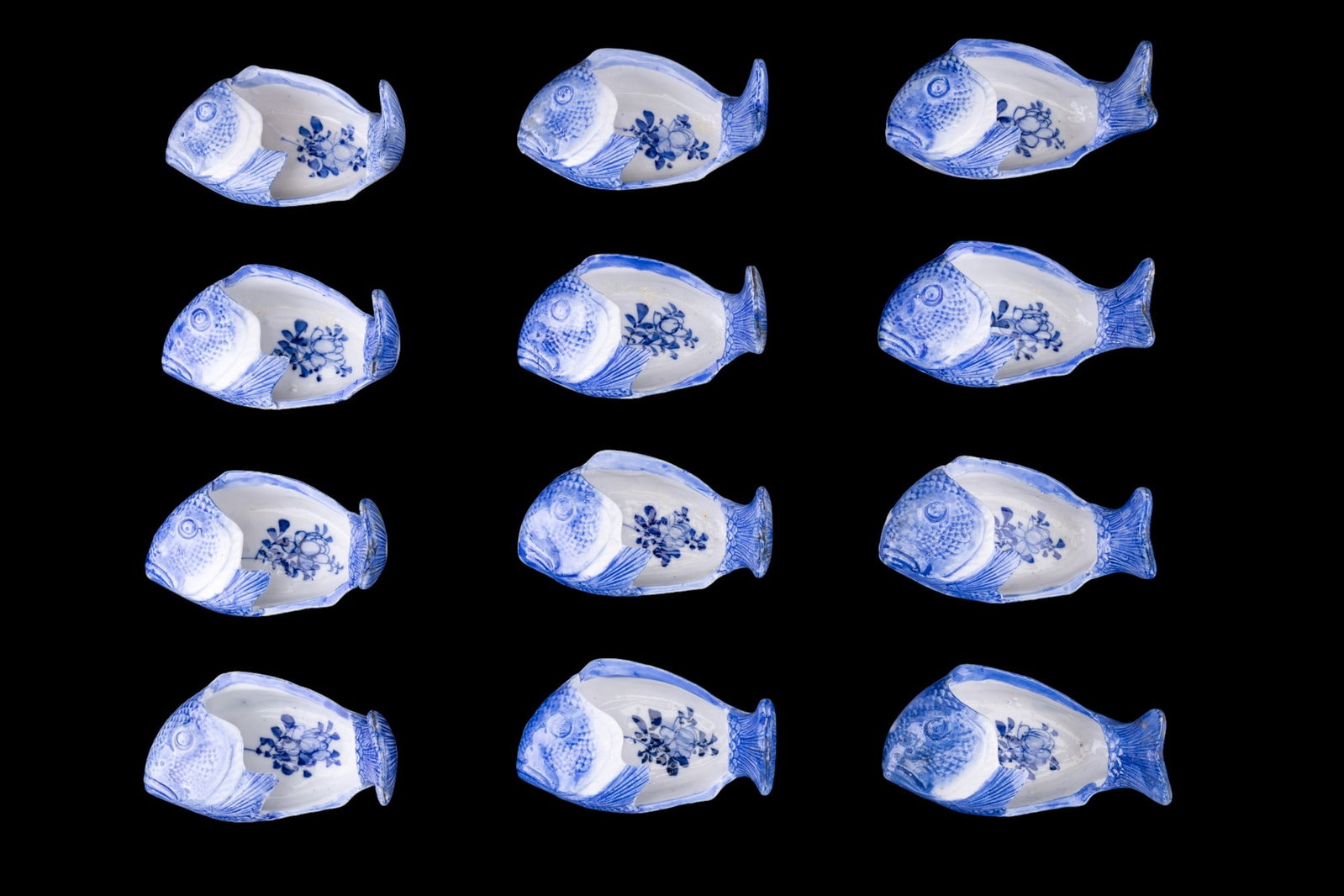 19th C. Korean Blue & White Porcelain Fish Bowls: 12 identical 19th century blue & white porcelain Korean fish bowls w/ botanical motif on interior. Items measure approx. 3" x 5".