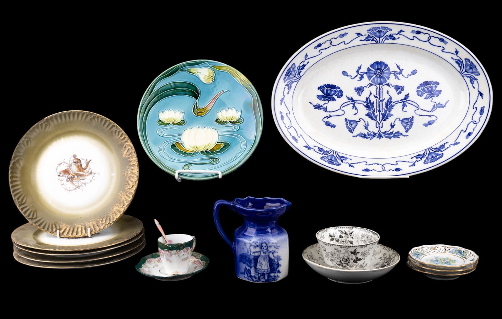 G.S. Zell Majolica, Staffordshire, Dillon, Bavaria: Baden G.S. Zell Art Nouveau majolica lotus & water lilies plate, Les Enfants Ironstone Staffordshire England blue & white octagonal creamer pitcher w/ design of young girls (1 photo has 4 views), L.S.
