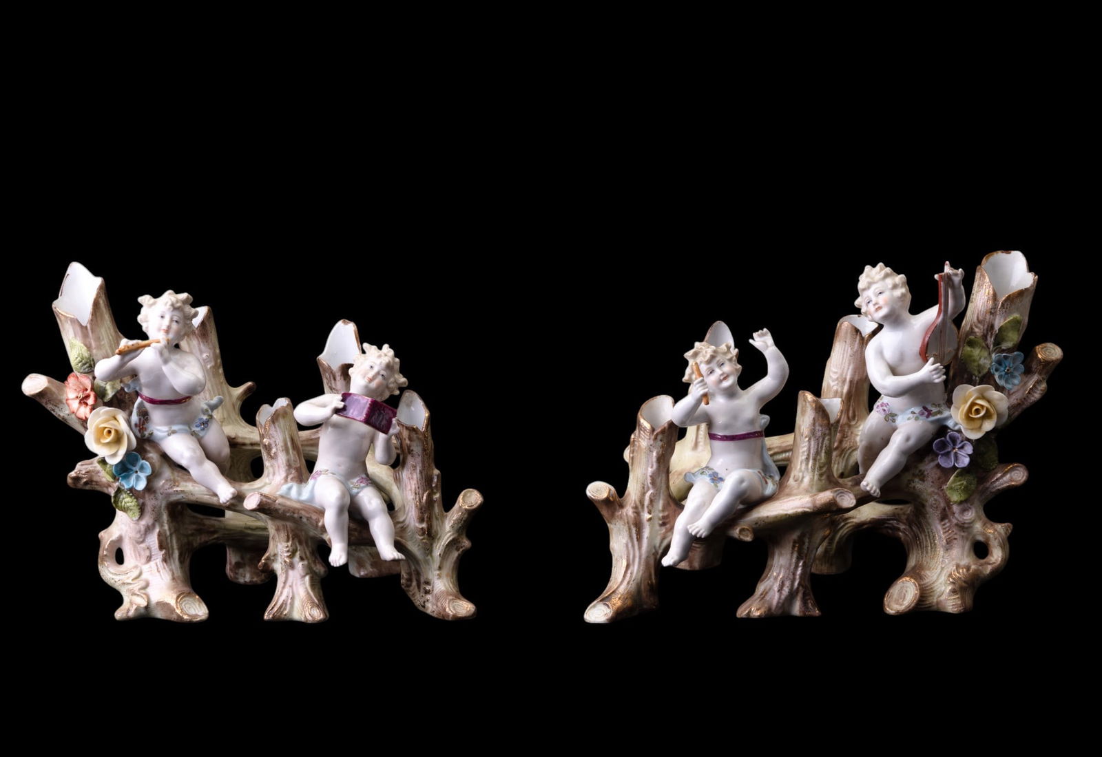 Bisque Porcelain Cherubs on Branch Bud Vases (2) (1 of 9)