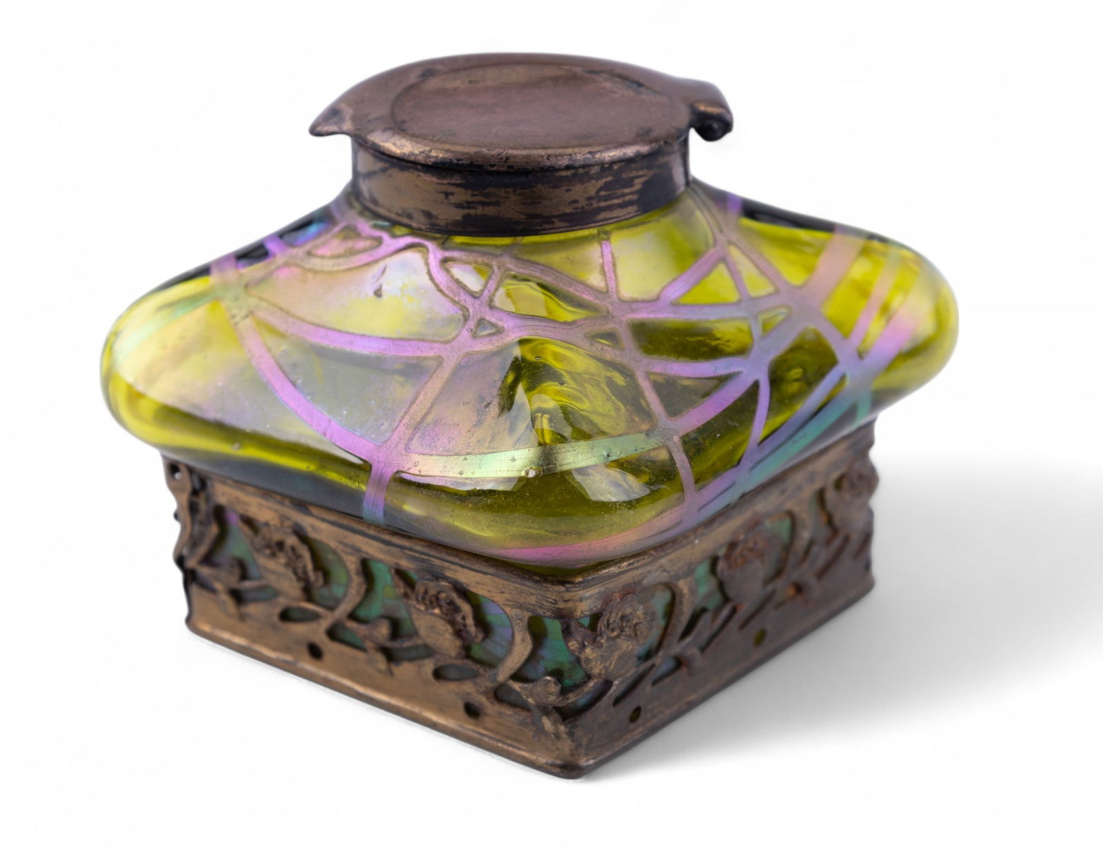 Art Nouveau Loetz-Kralik Inkwell: Art Nouveau blown acid green glass inkwell with iridescent detail, copper lid, and intricate floral copper detail around the bottom.