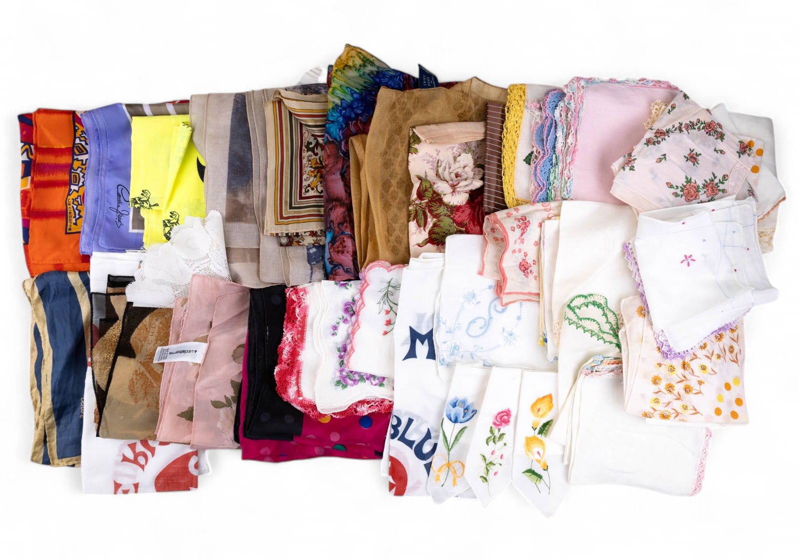 Designer Scarves, Other Handkerchiefs: Assortment of 15+ unique silk, polyester, nylon, & other textile scarves. Makers include Liz Claiborne, Crazy Horse (A Liz Claiborne Company), Oscar De La Renta, Cornelia Jones & more. Scarves feature