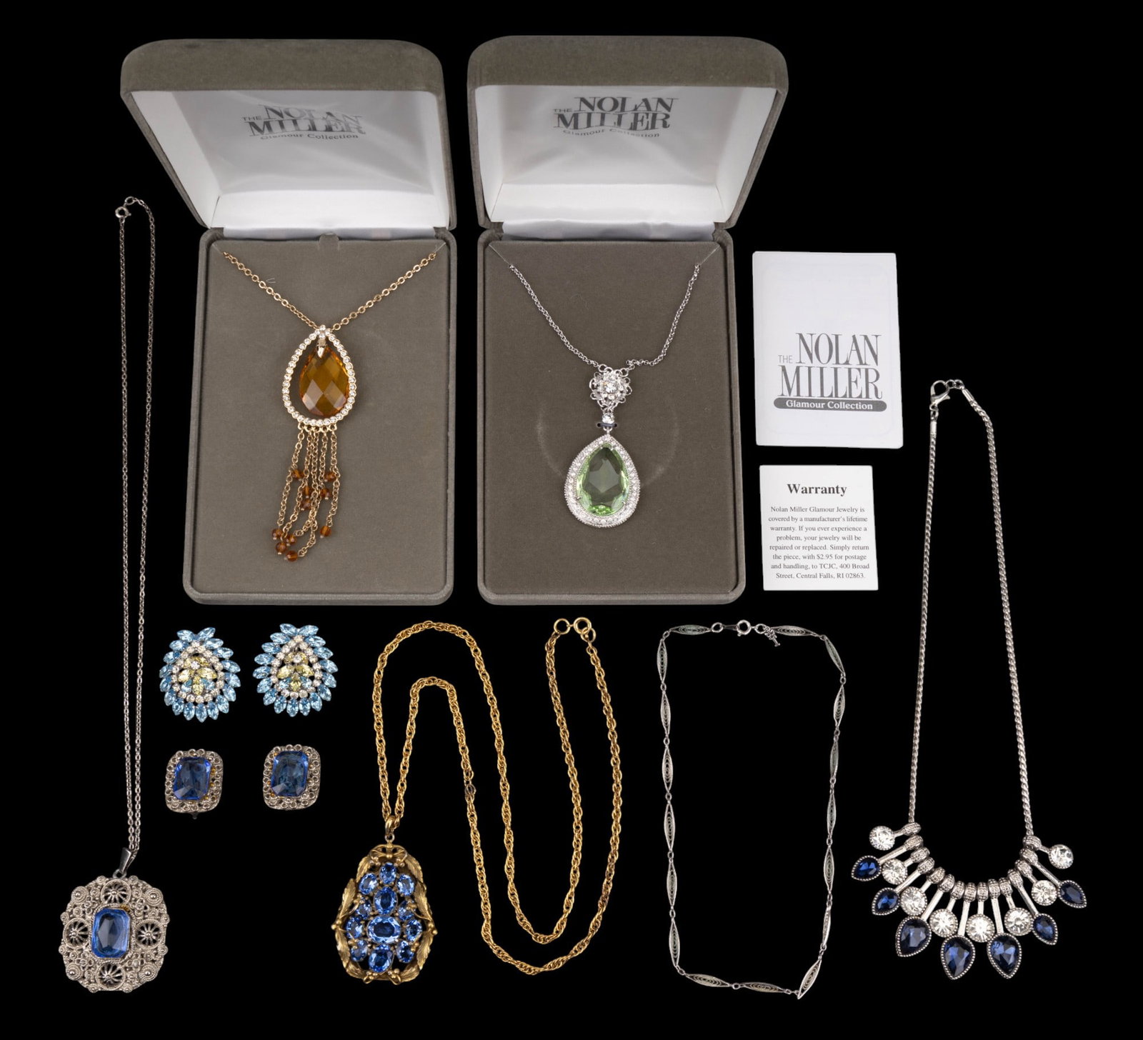 Nolan Miller, West, Dior, & More Jewelry: The Nolan Miller Glamour Collection Spring Green Pendant necklace w/ rhinestone accents in original box w/ certificate of authenticity, The Nolan Miller Glamour Collection amber-colored pendant neckla