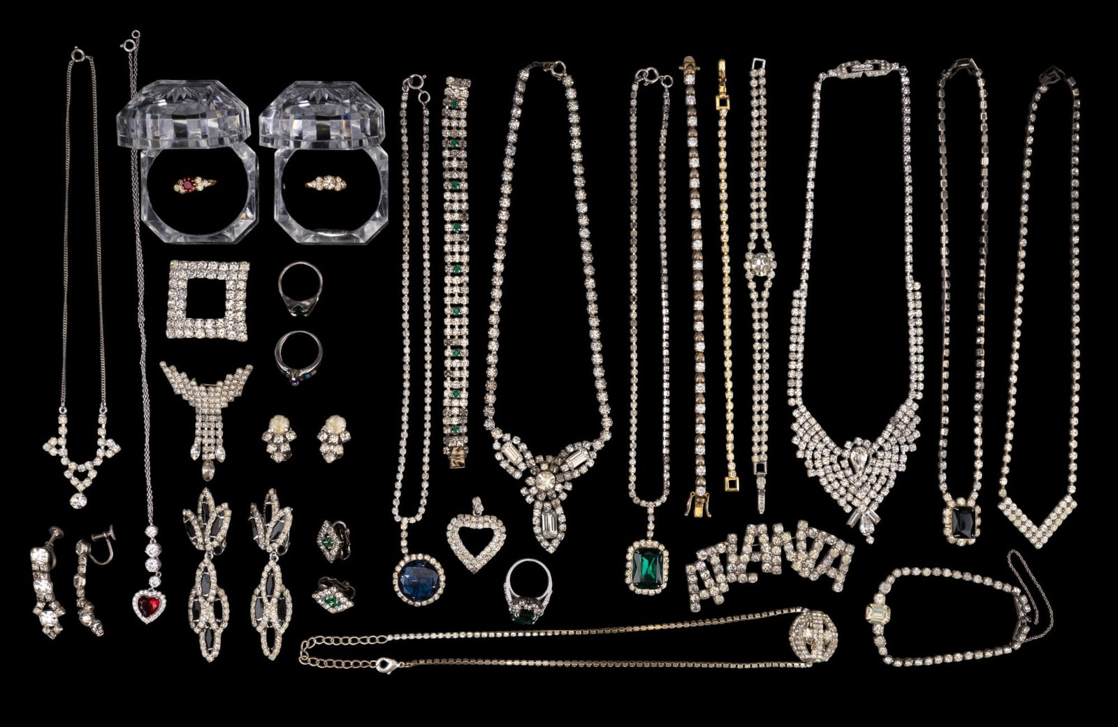 Sterling, Kramer, & Other Rhinestone Jewelry: .925 sterling silver shain necklace approx. 16.5" long w/ red rhinestone heart & crystal rhinestone accents, Kramer of New York silver tone crystal rhinestone necklace, 7 other necklaces w/ rhinestone