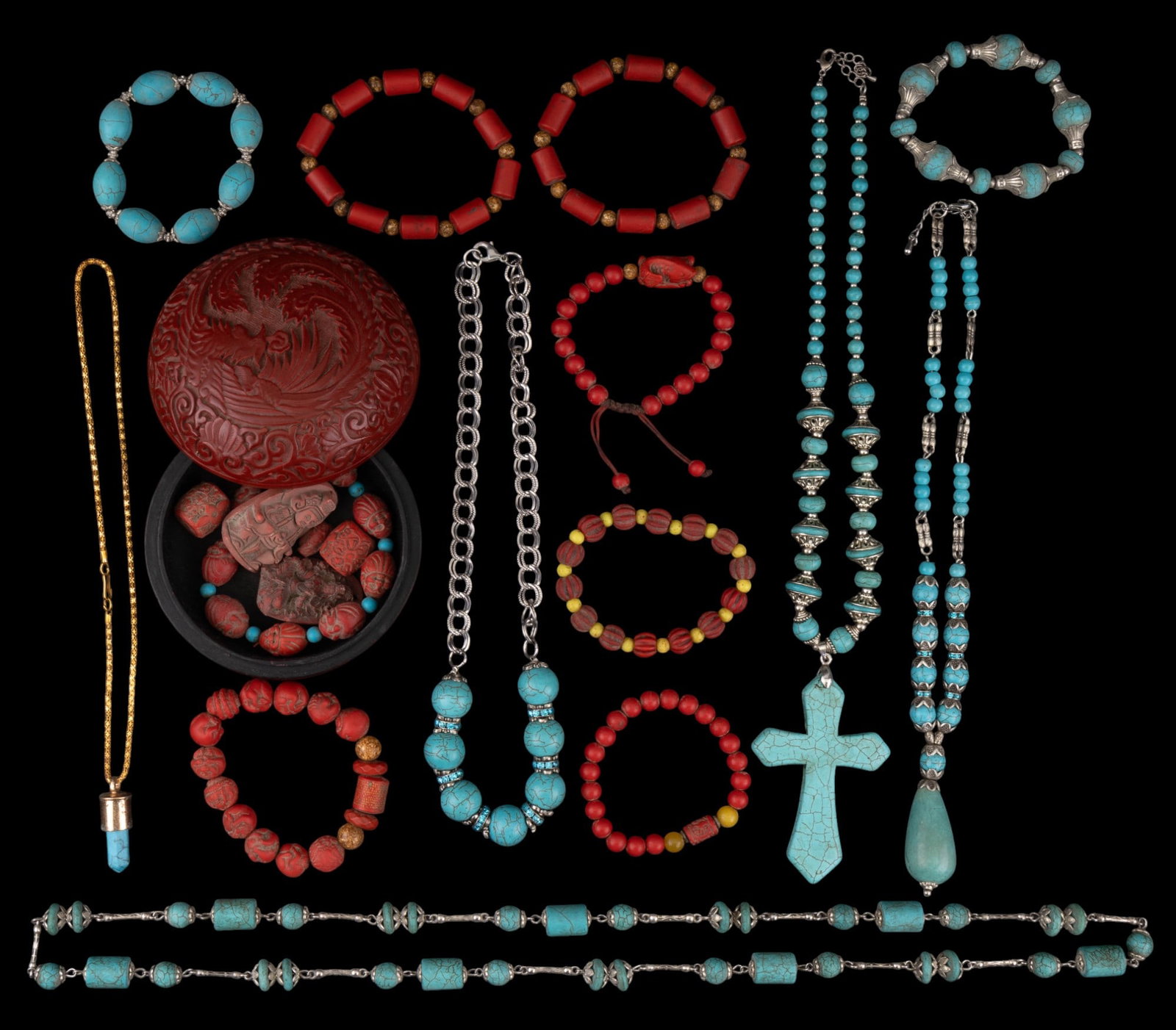 Blue Howlite & Asian Red Bead Jewelry + Red Box (1 of 13)
