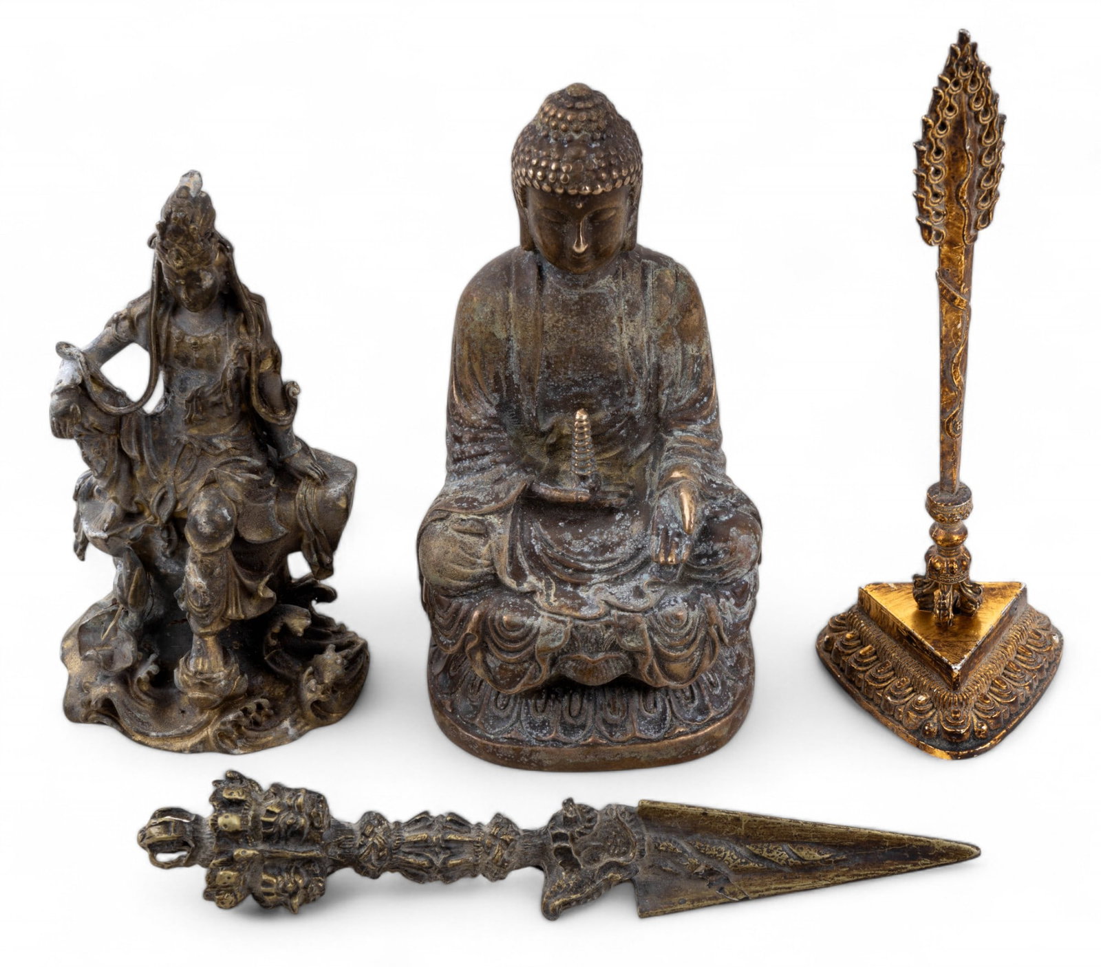 Gautama Buddha, Guanyin, Manjushri Sword, & Phurba: Siddhartha Gautama the Buddha bronze statue w/ zhuanshu archaic script seal mark on bottom, Guanyin on lotus throne bronze statue, flaming Wisdom Sword of Manjushri gold tone piece on triangular stand