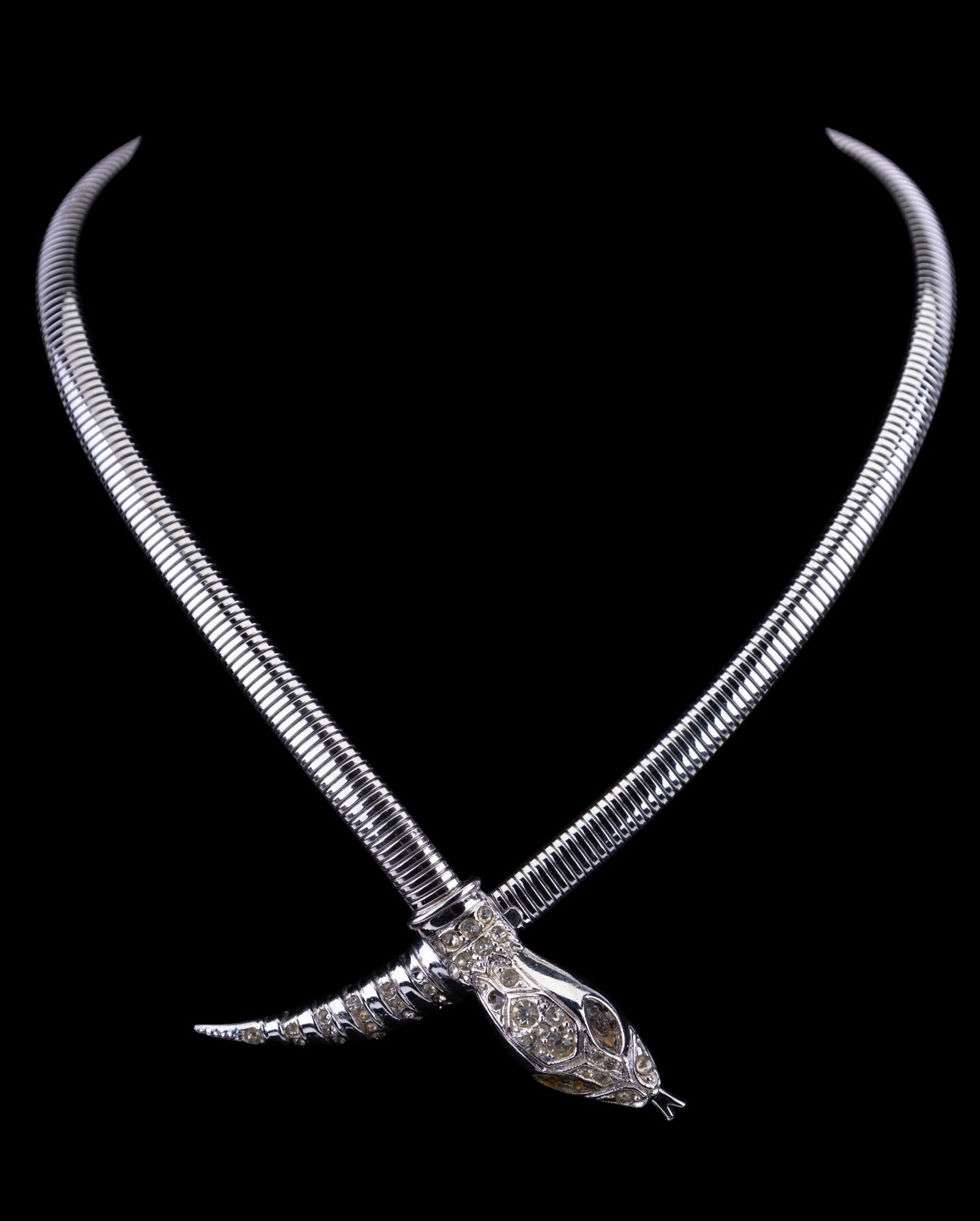 Coro Snake Necklace: Vintage silver tone snake collar signed "Coro" note loss of eyes on piece.