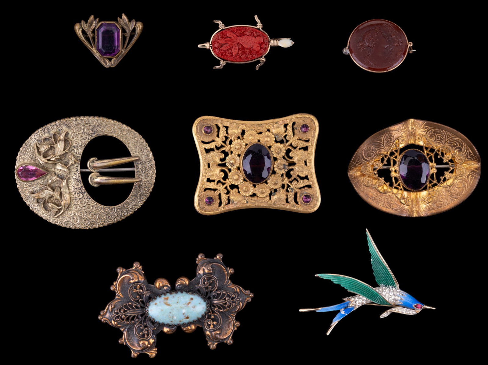 Trifari Brooch and Victorian Jewelry: Includes vintage Trifari green and blue bird brooch with rhinestone detail and several Victorian pieces including buckle brooches.