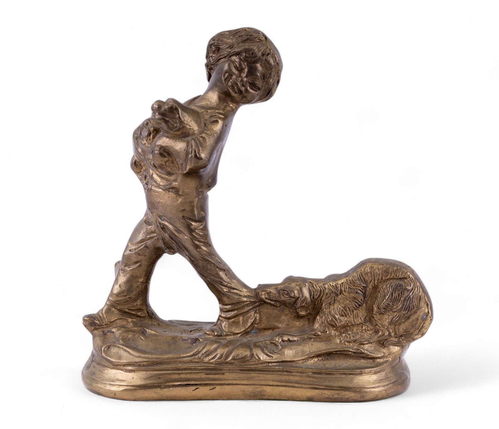 Bronzed Sculpture of Young Boy & Dog: A bronzed sculpture of a young boy and his dog measuring approx. 8" high x 7" long. Bottom felting is loose, sculpture in otherwise good condition.